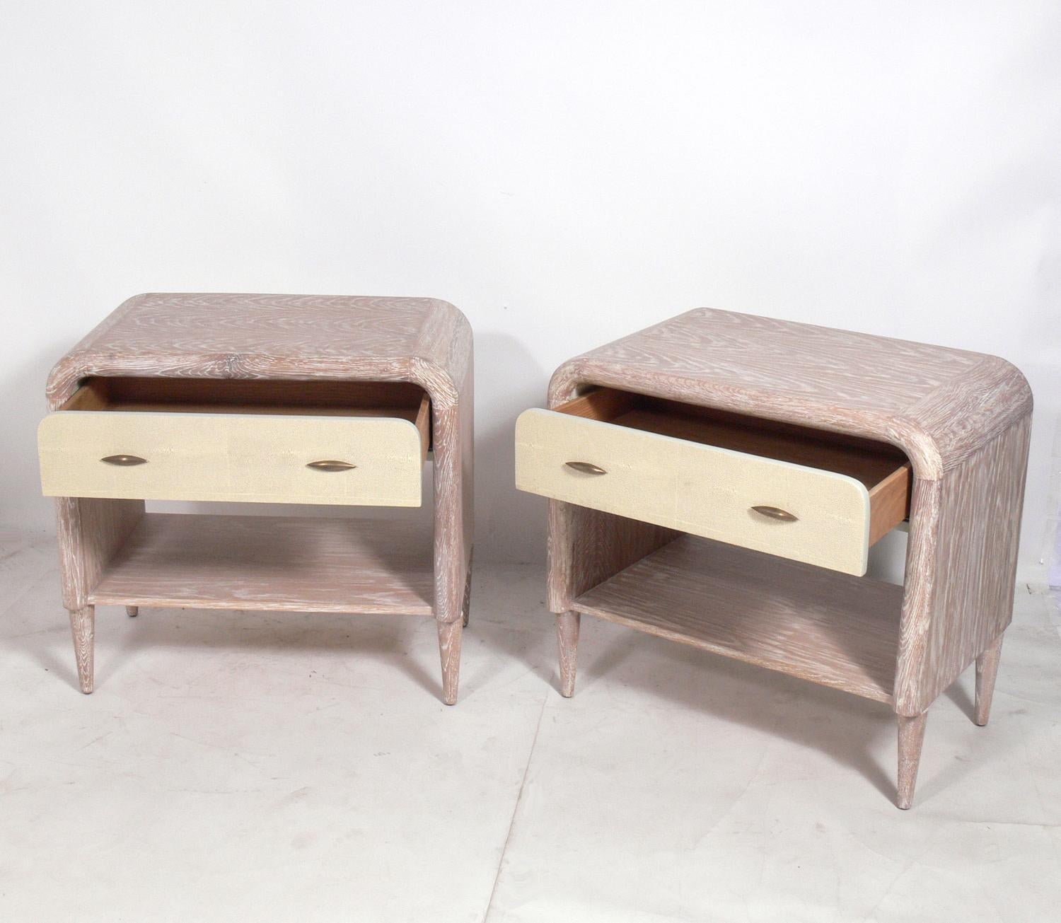 Mid-Century Modern Pair of Limed Wood and Faux Shagreen Nightstands