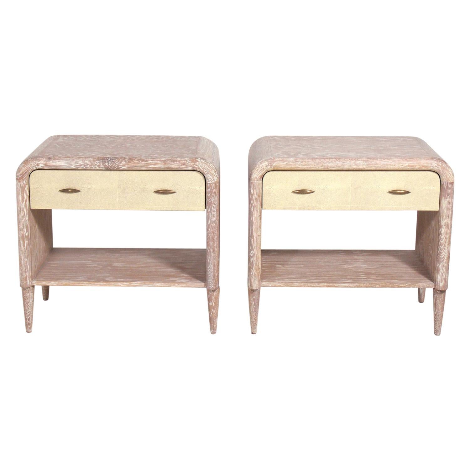 Pair of Limed Wood and Faux Shagreen Nightstands