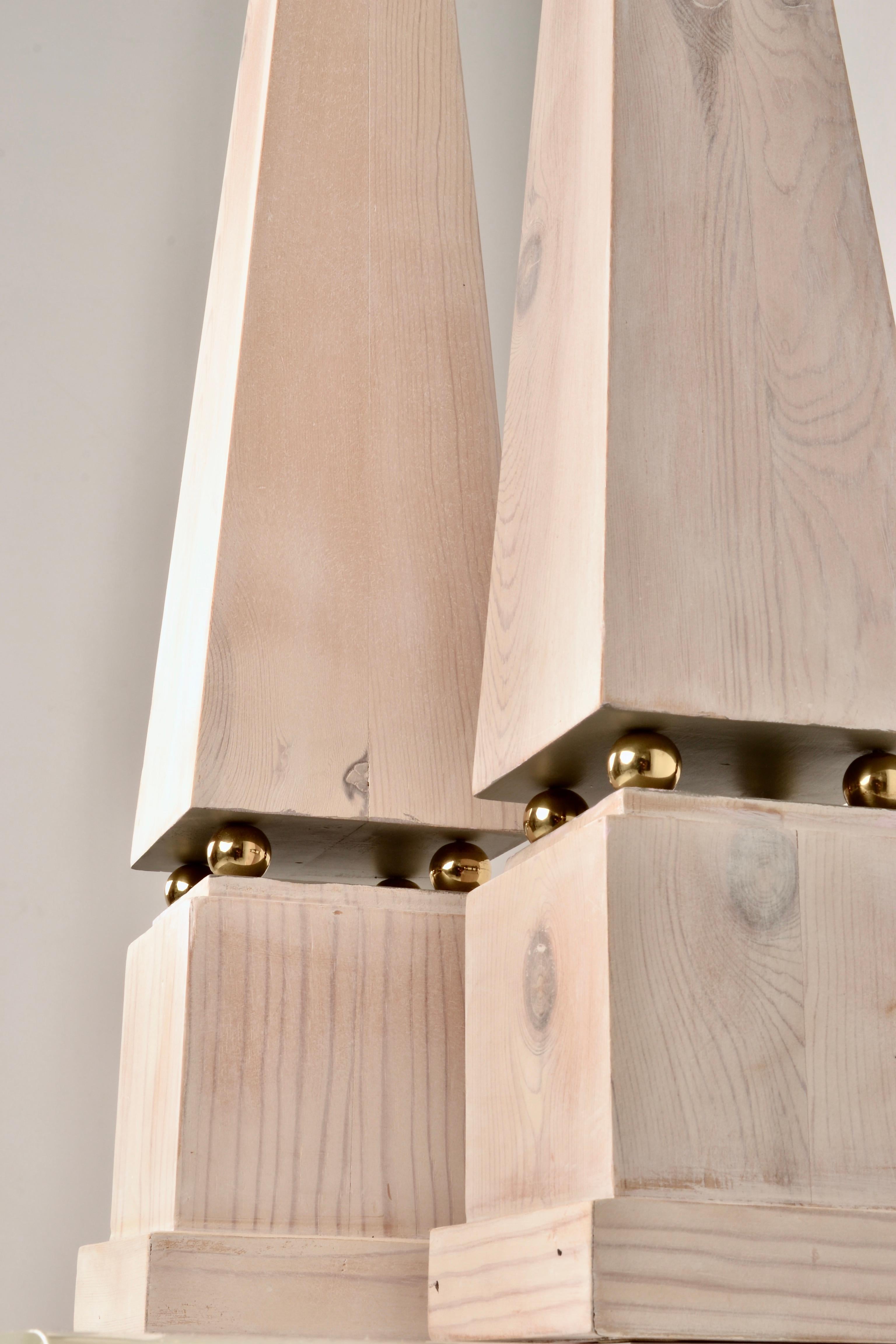 Brass Pair of Limed Wood Obelisks