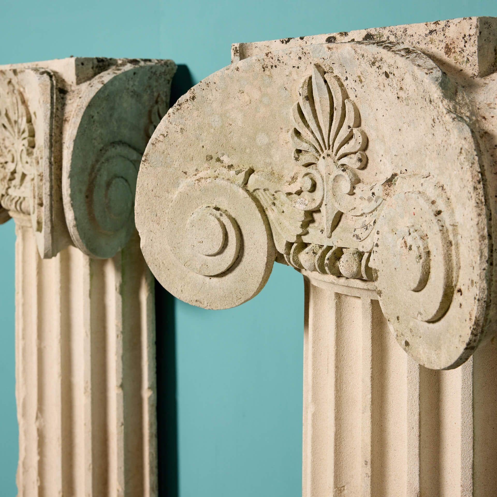 Neoclassical Pair of Limestone Greek Style Ionic Column Pedestals For Sale