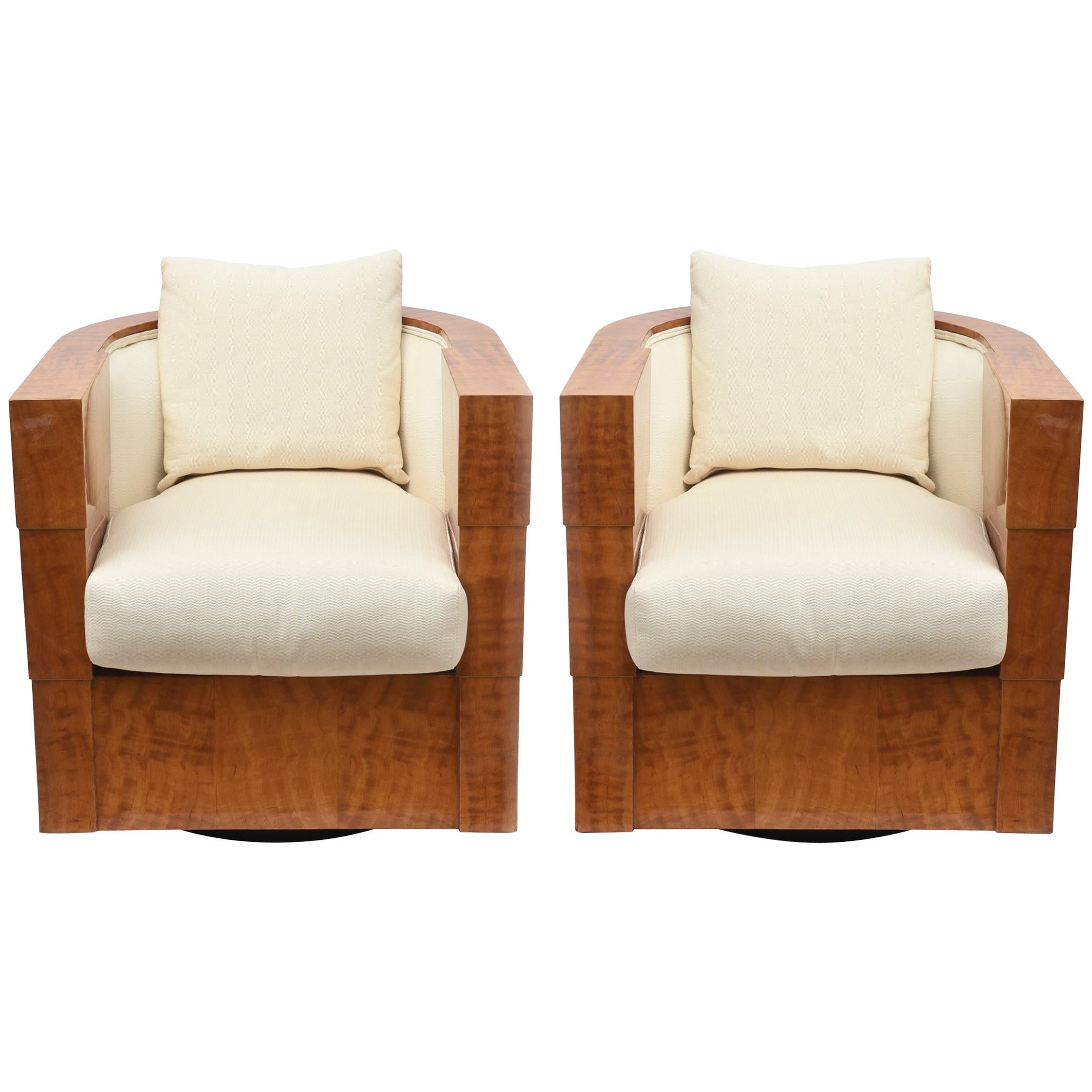 Pair of Limited Edition Pace Exotic Camino Wood Swivel Club Normandy Chairs