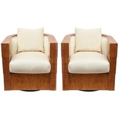 Pair of Limited Edition Pace Exotic Camino Wood Swivel Club Normandy Chairs
