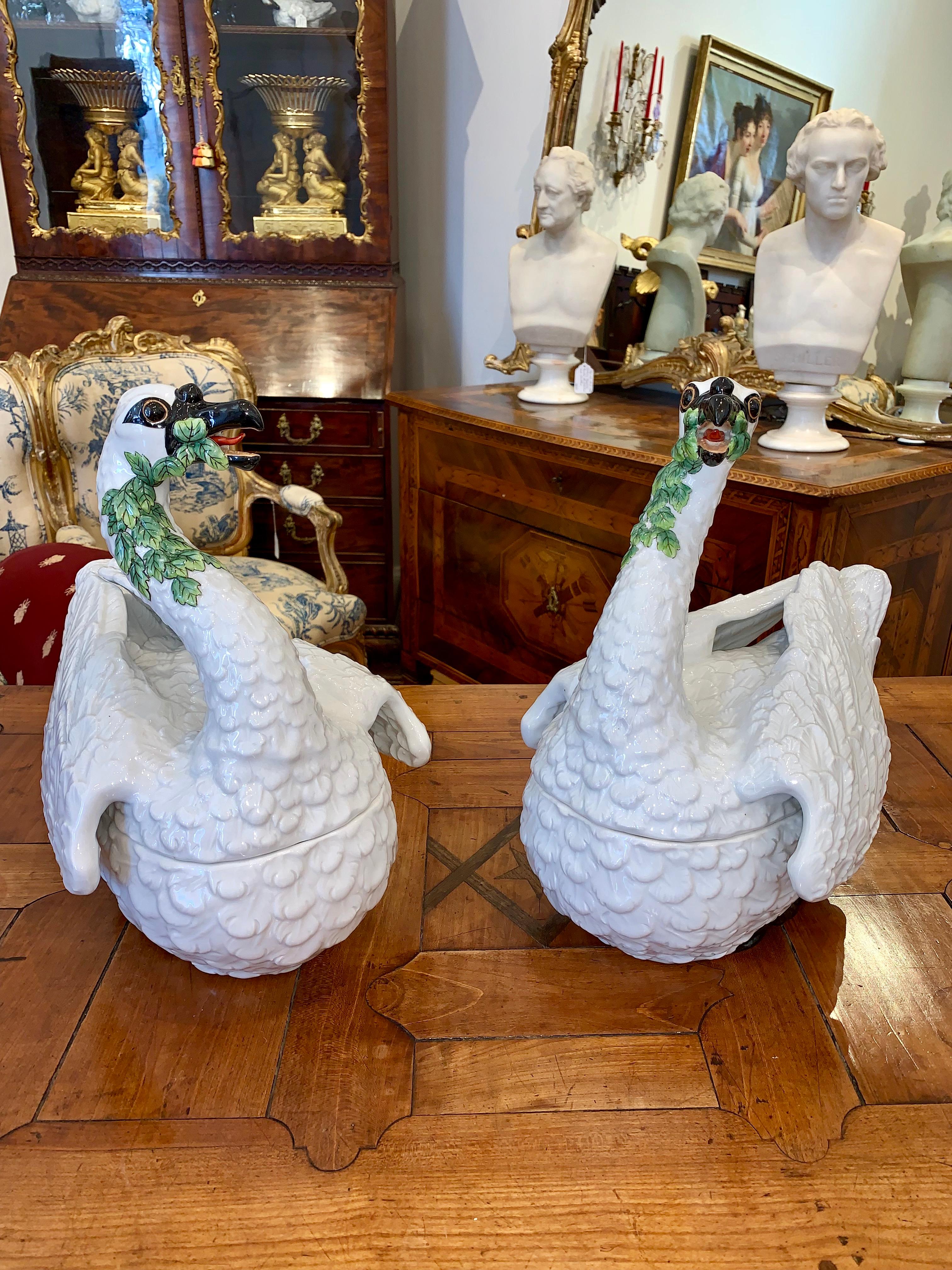 Pair of Limited Edition porcelain swan form tureens. Two of 500 edition made by Chelsea House to Commemorate the 18th century Meissen swan tureen at Winterthur.

 