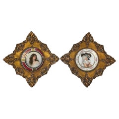 Antique Pair of Limoges and Royal Vienna Porcelain Portraits Gilt Framed Plates