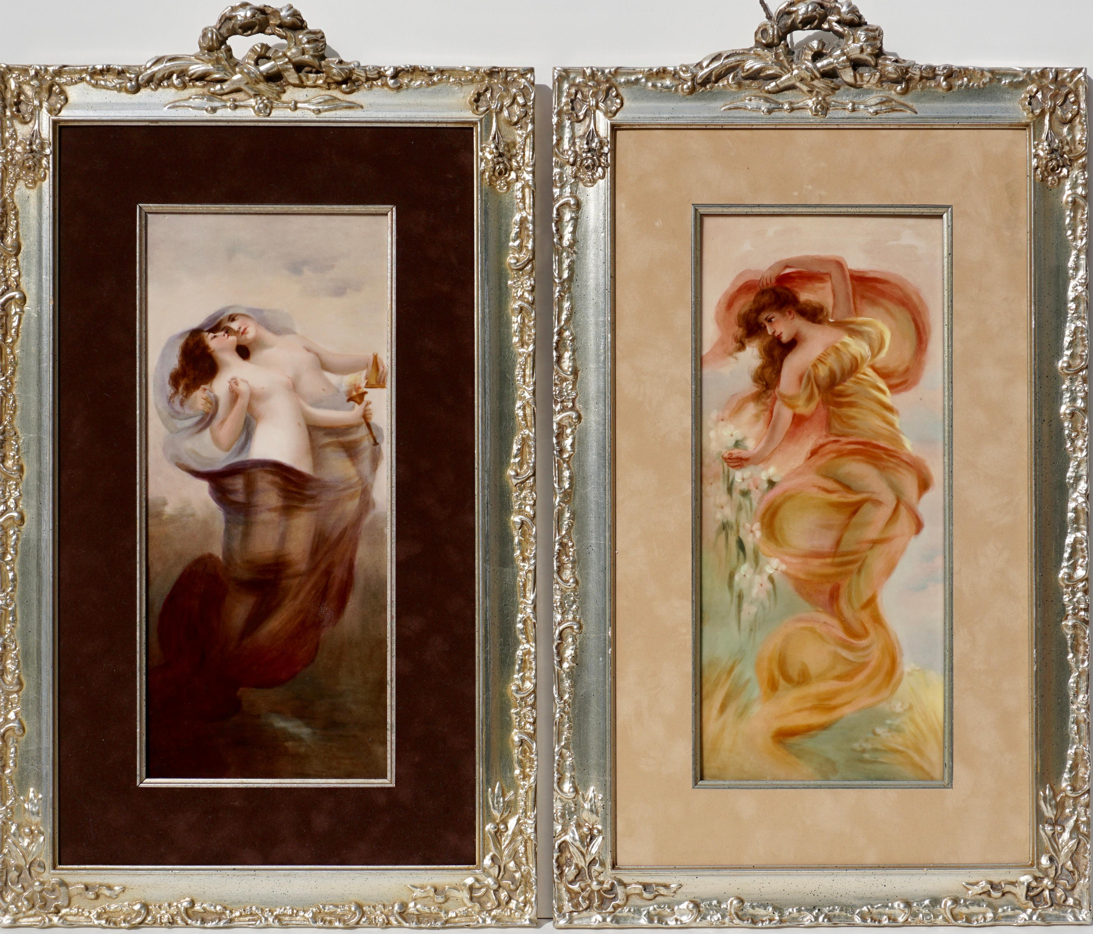 A wonderful pair of hand painted Limoges, circa 1900, porcelain paintings. These semi nude Art Nouveau ladies are floating like sublime nymphs in a dream. These would look amazing in an Art Deco decorated room! 

Marked on back 