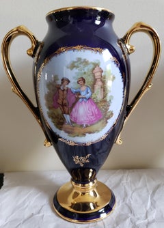 Pair of Limoges Castel 22K Gold Decorated Cobalt Porcelain Two Handled Vases
