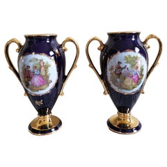 Pair of Limoges Castel 22K Gold Decorated Cobalt Porcelain Two Handled Vases