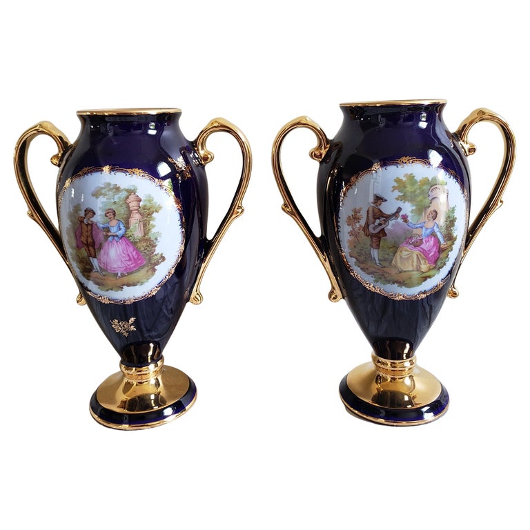 Lot De 2 Poignées De Porte En Porcelaine De Limoges – Motif Fleurs Bleues Sur Laiton, Neuves