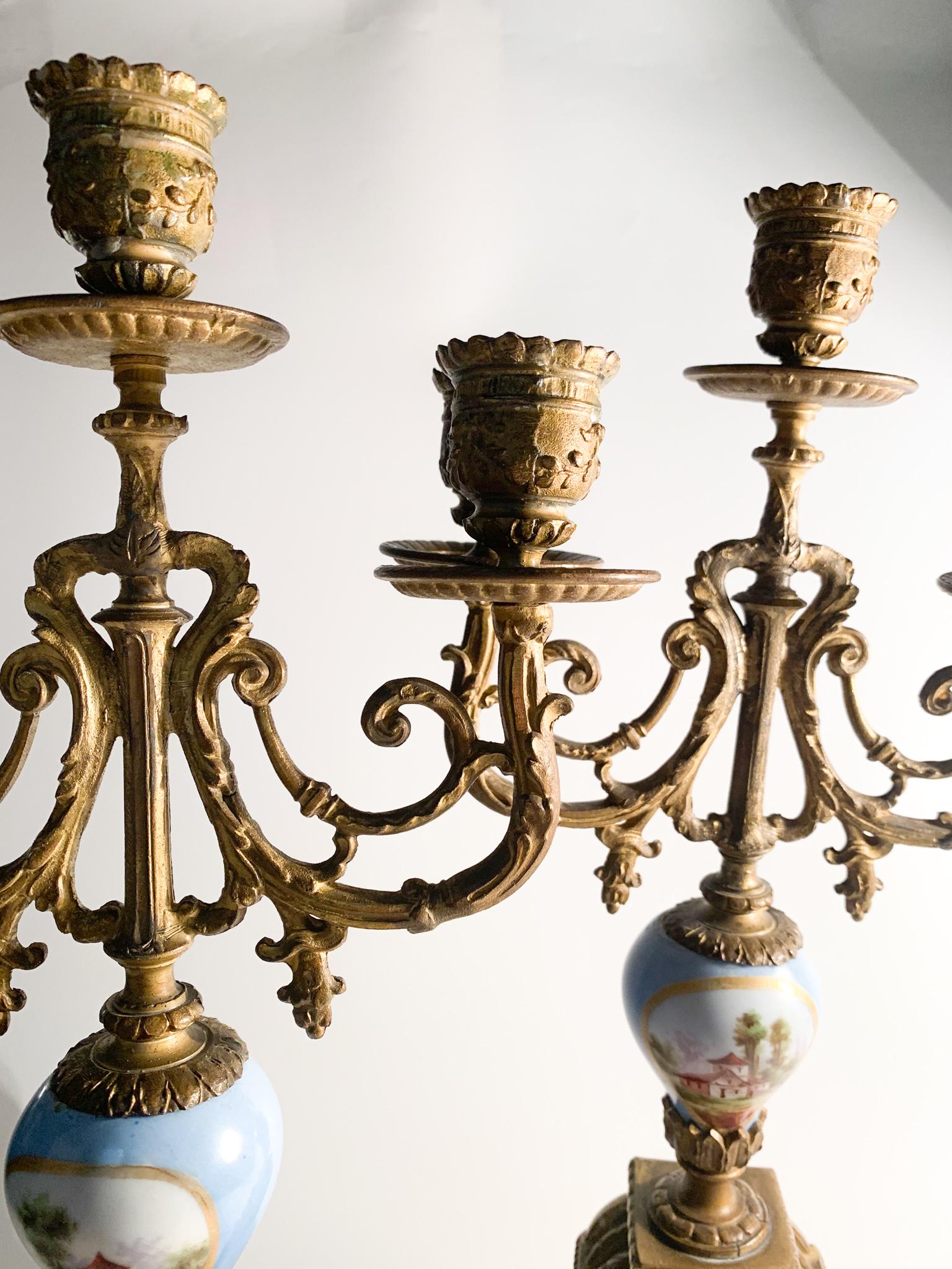 French Pair of Limoges Empire Candelabra in Bronze and Porcelain from the 1800s
