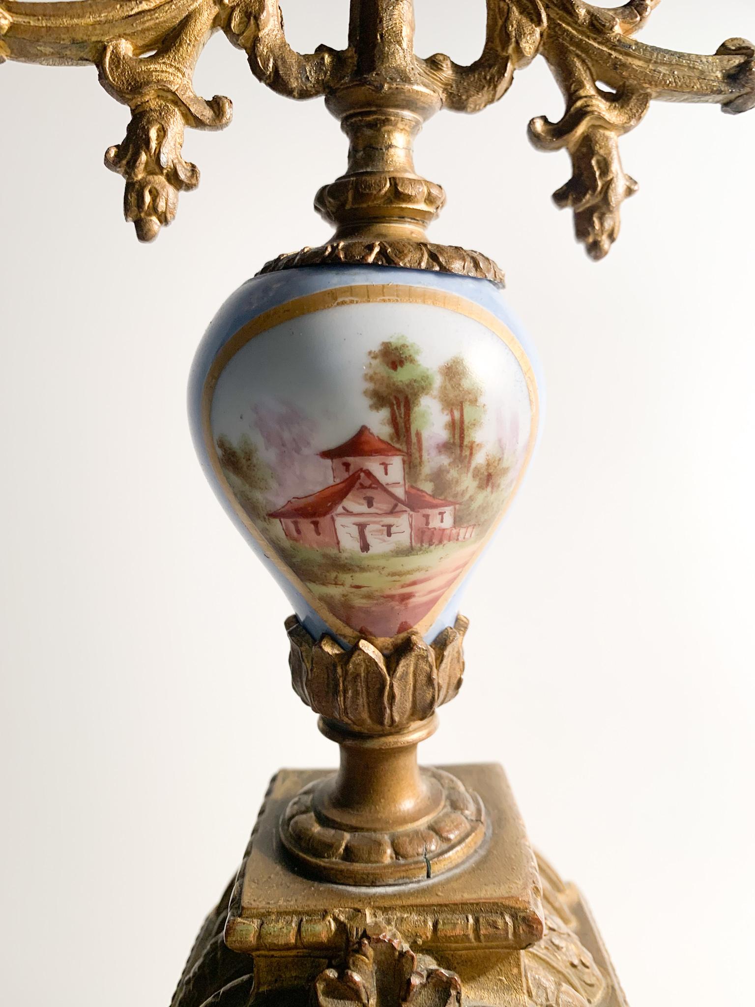 Late 19th Century Pair of Limoges Empire Candelabra in Bronze and Porcelain from the 1800s
