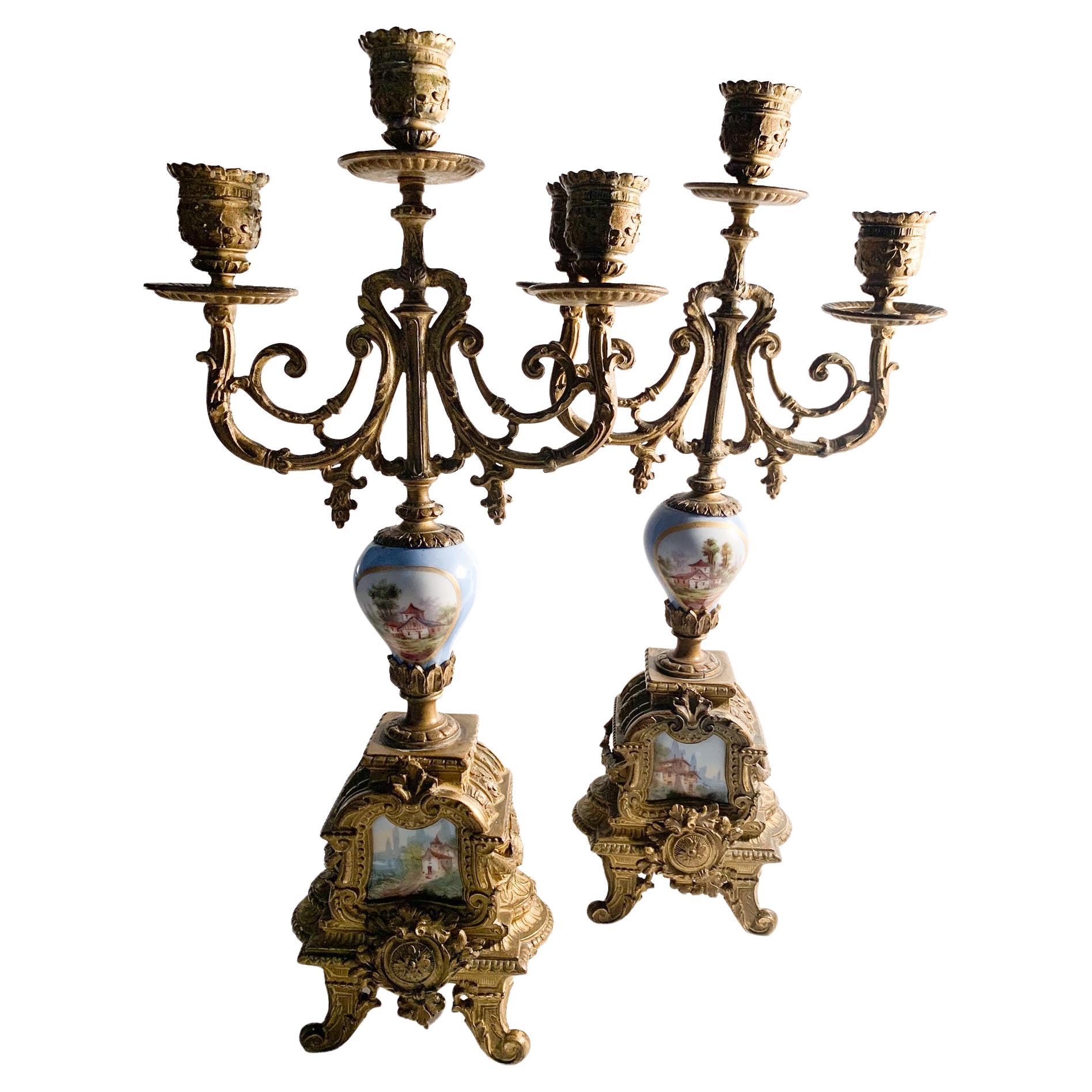Pair of Limoges Empire Candelabra in Bronze and Porcelain from the 1800s