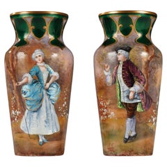 Pair of Limoges Enameled "Marquis and Marquise" Vases, France, circa 1900