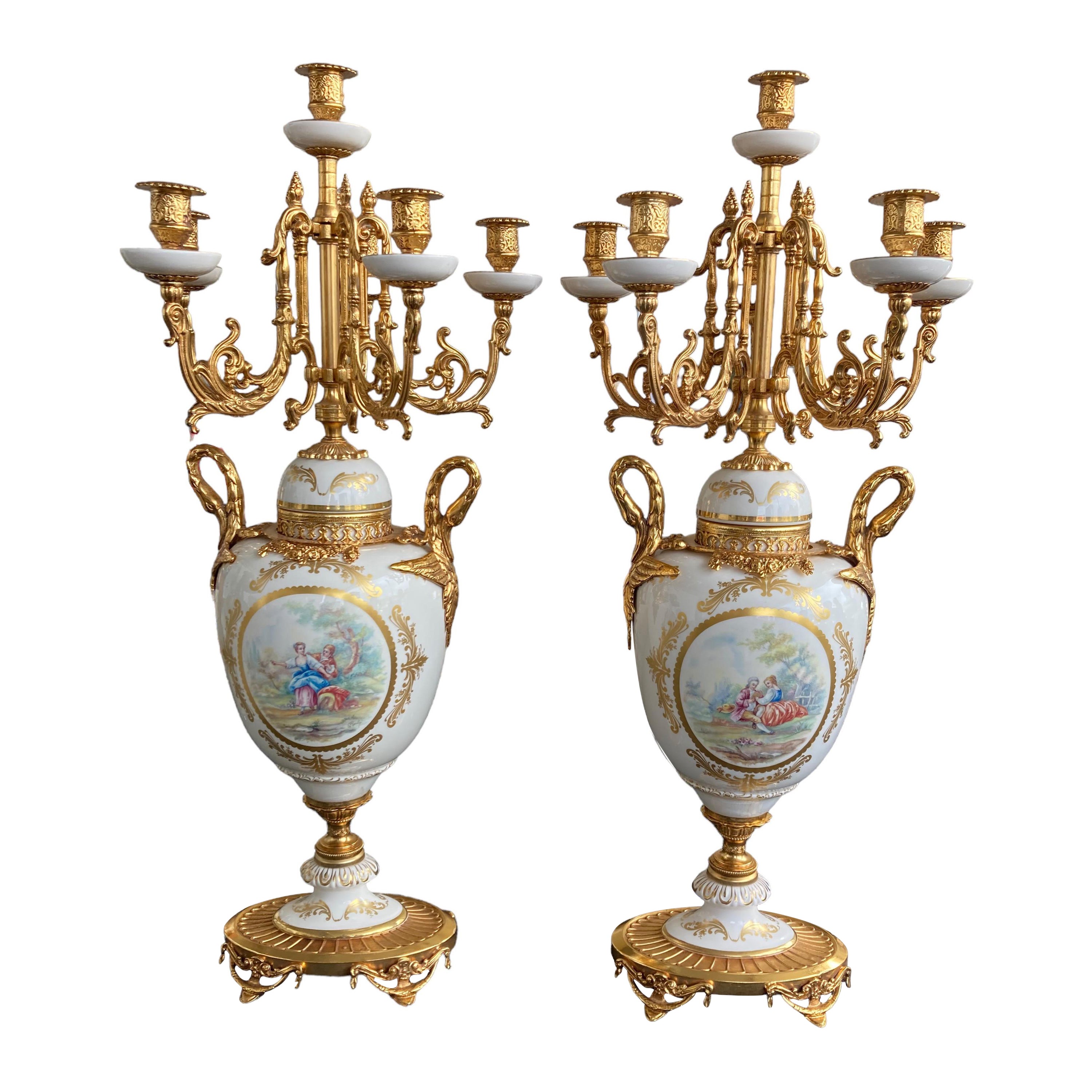 Pair of Limoges Gold Gilt Sevres Porcelain Candelabras, circa 1900