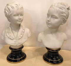 Pair of Limoges Parian and Blu Porcelain Busts of Young Children Stamped Fharaud