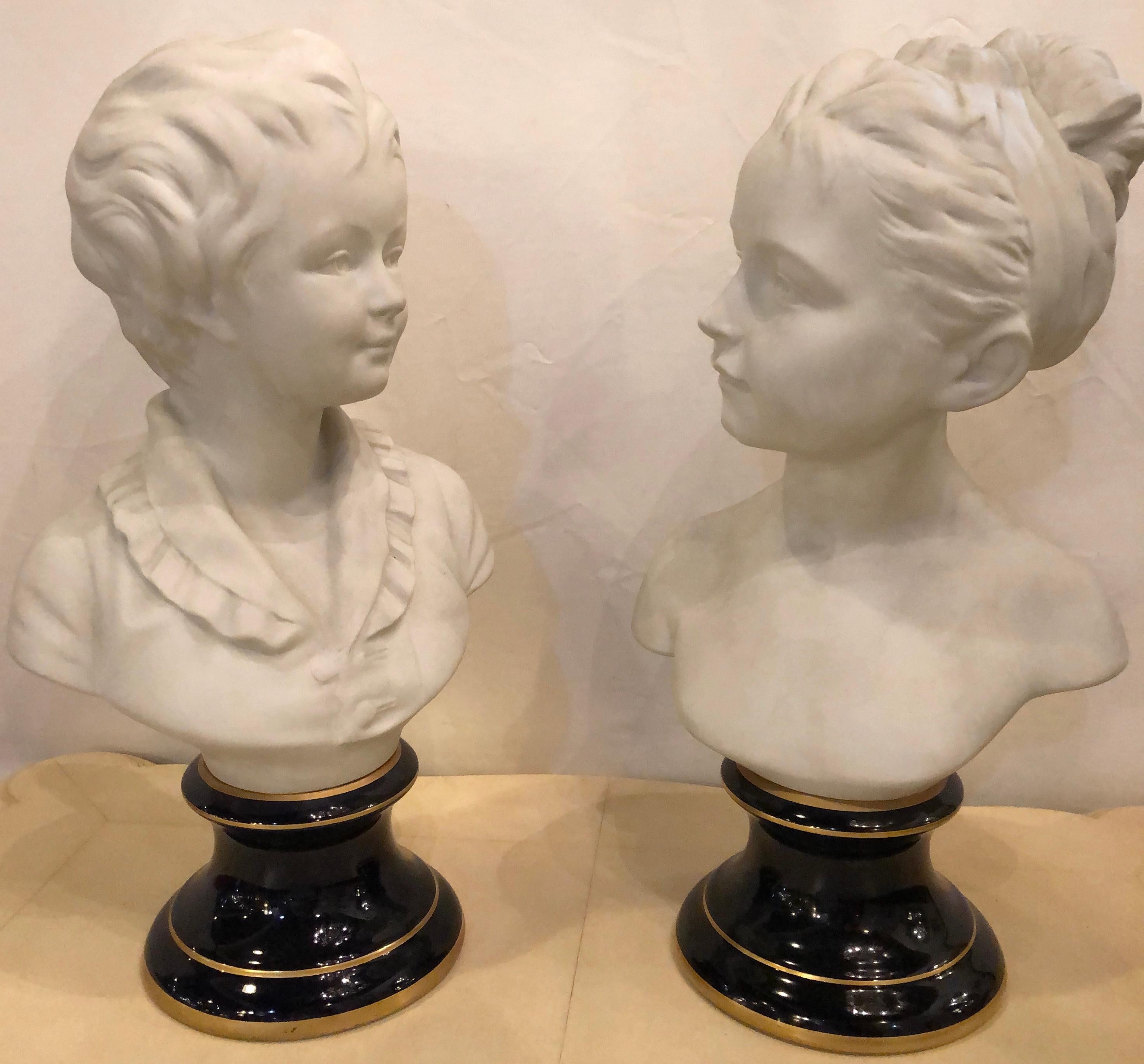Belle Époque Pair of Limoges Parian and Blu Porcelain Busts of Young Children Stamped Fharaud