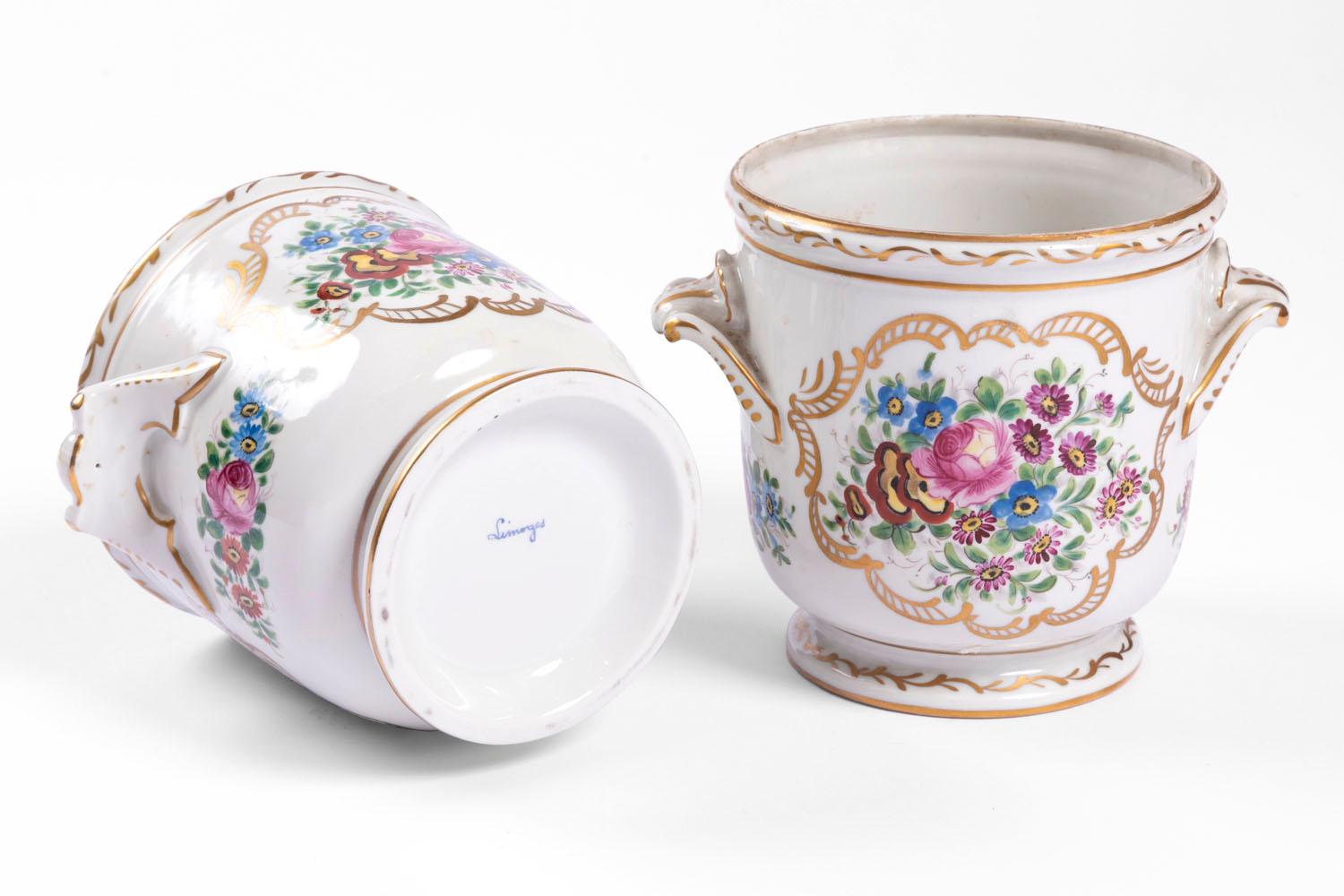 Enameled Pair of Limoges Porcelain Coolers with a Decor of Flowers, Early 20th Century