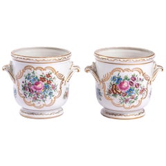Antique Pair of Limoges Porcelain Coolers with a Decor of Flowers, Early 20th Century
