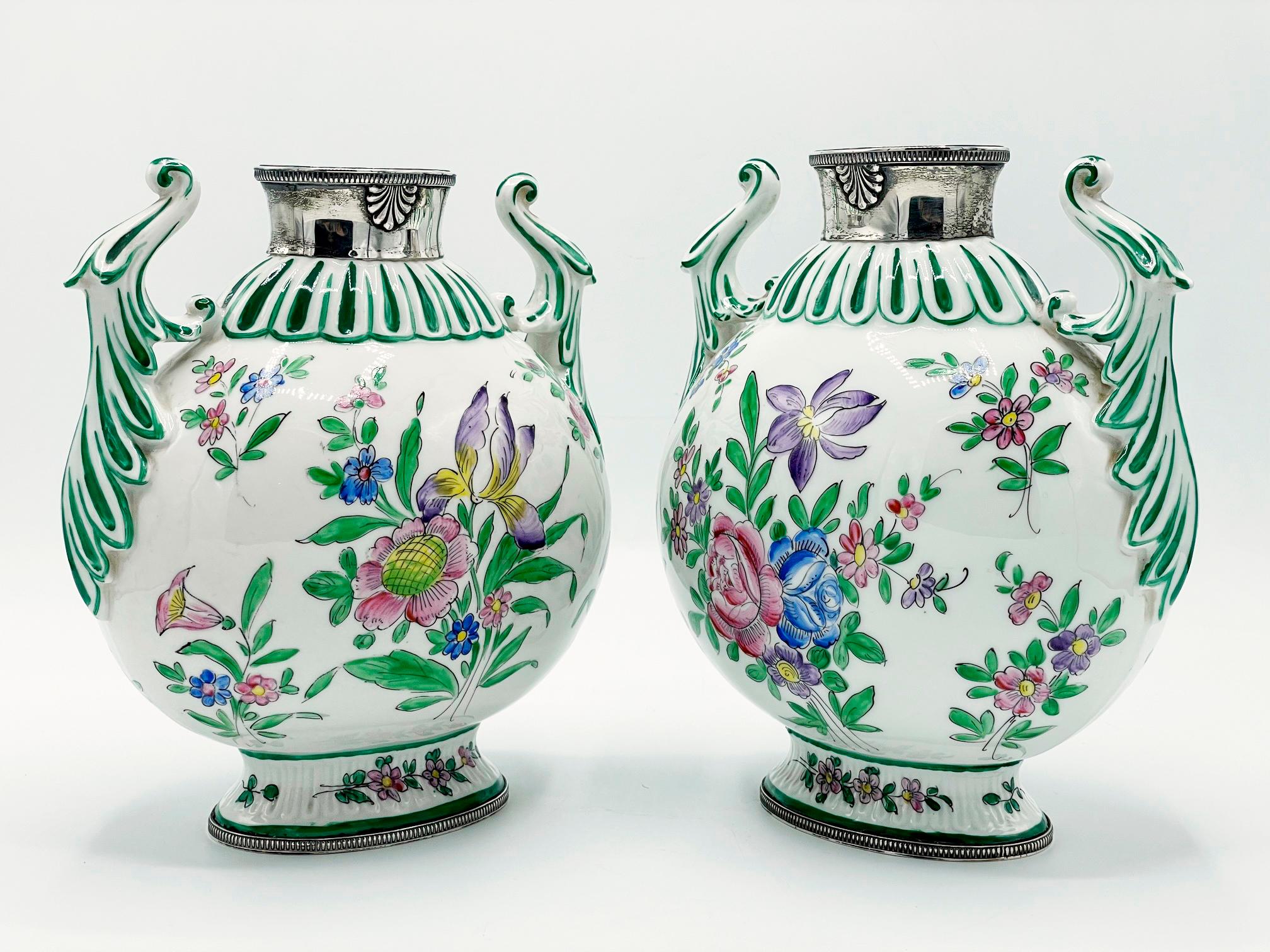 Art Nouveau Pair of Limoges VP Veuve Perrin, hand painted and french silver vases For Sale