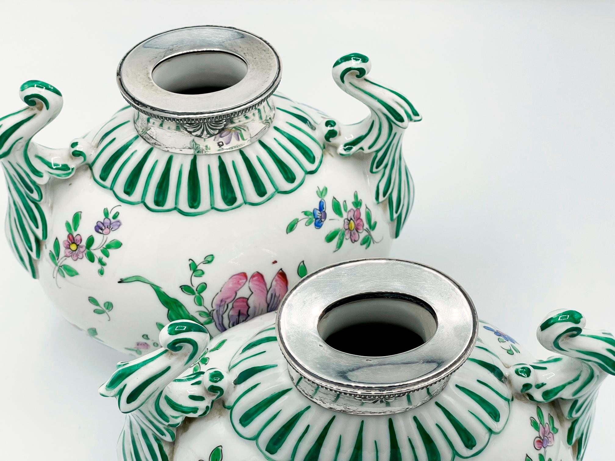 20th Century Pair of Limoges VP Veuve Perrin, hand painted and french silver vases For Sale