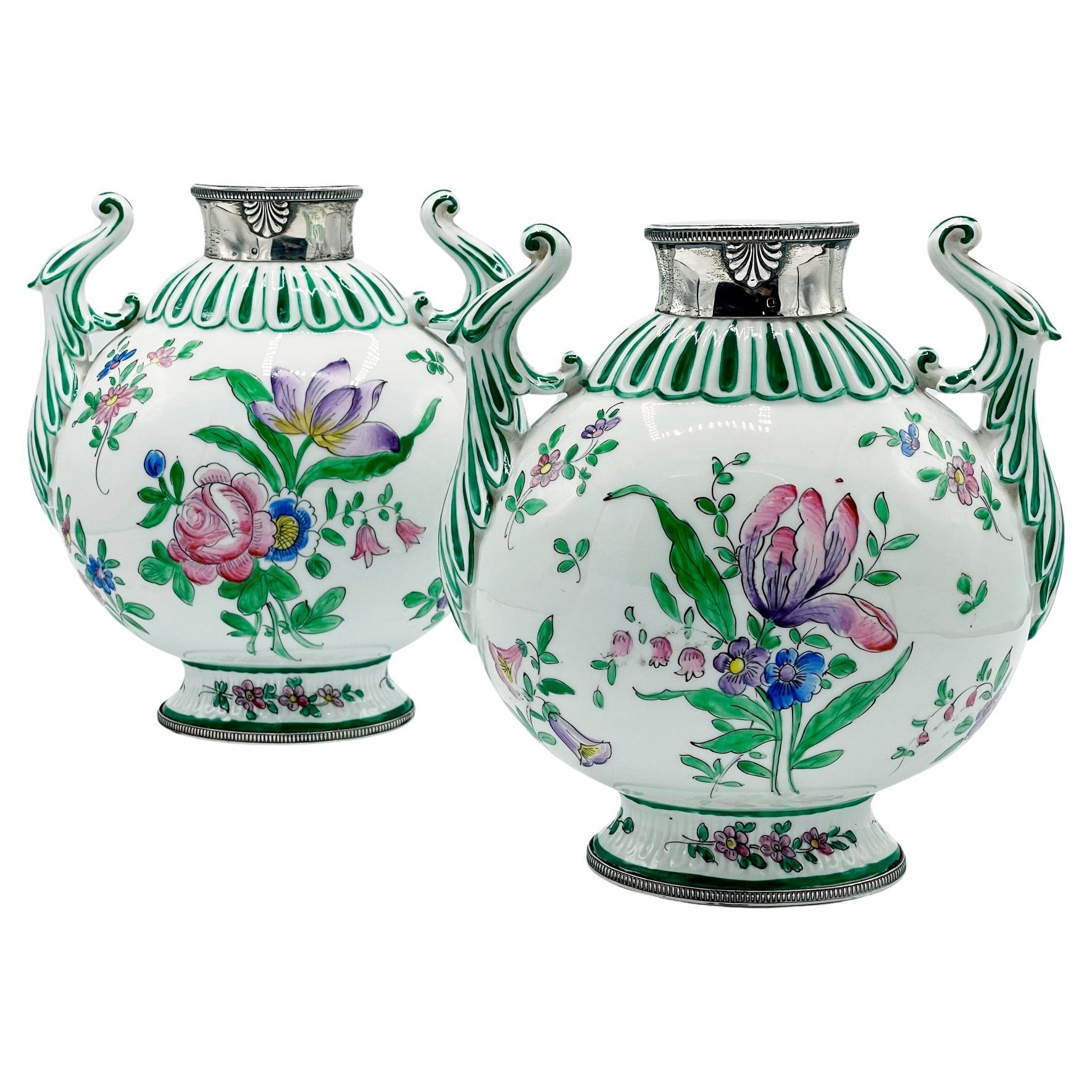 Pair of Limoges VP Veuve Perrin, hand painted and french silver vases For Sale