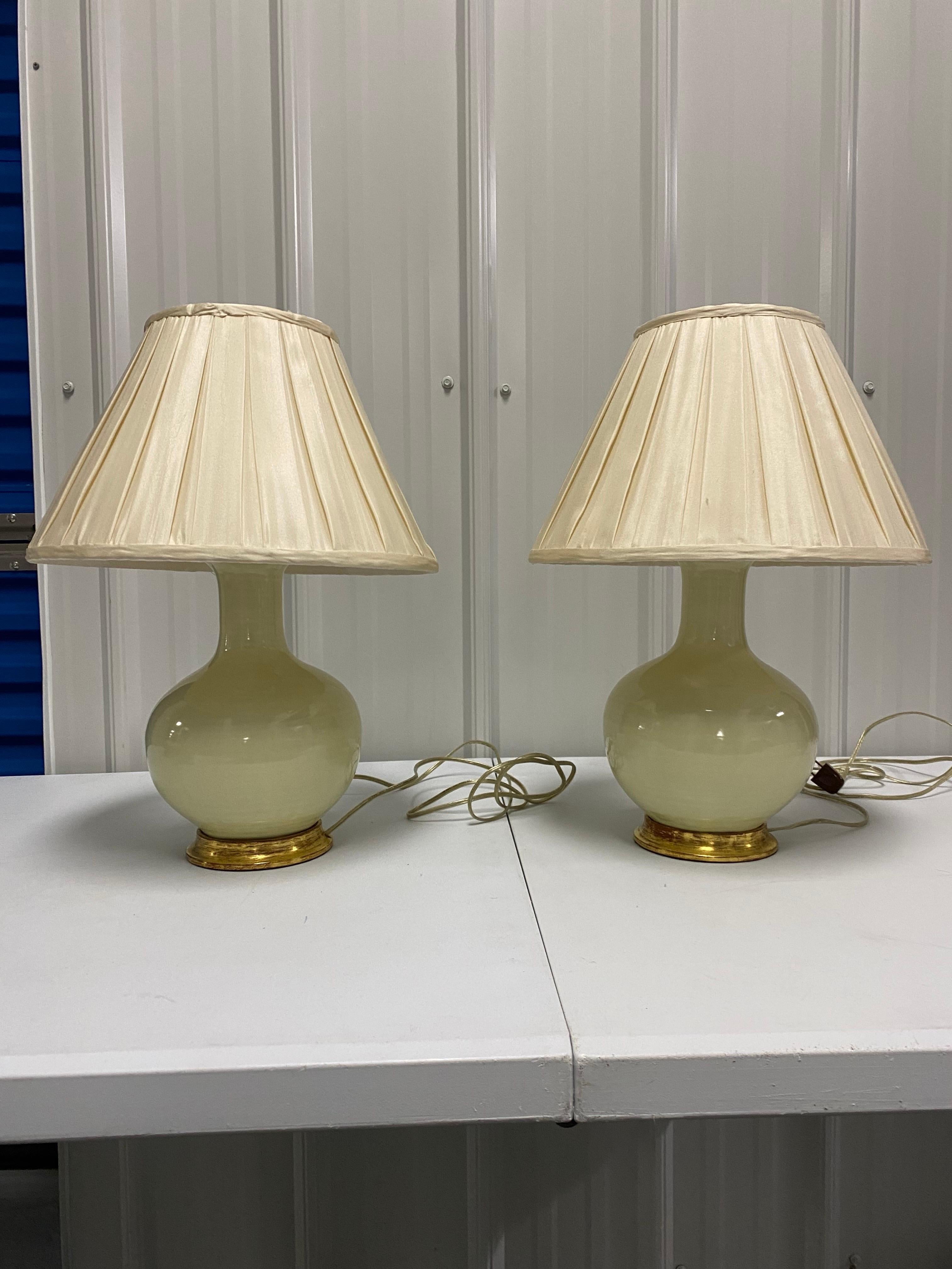 Pair of Lindsay Lamps in Sesame by Christopher Spitzmiller.
Hand thrown ceramic lamps in a classic smaller gourd form. All of Spitzmiller's lamps are made in excellent craftsmanship using quality materials for the fittings.  23k Gold Water Gilt