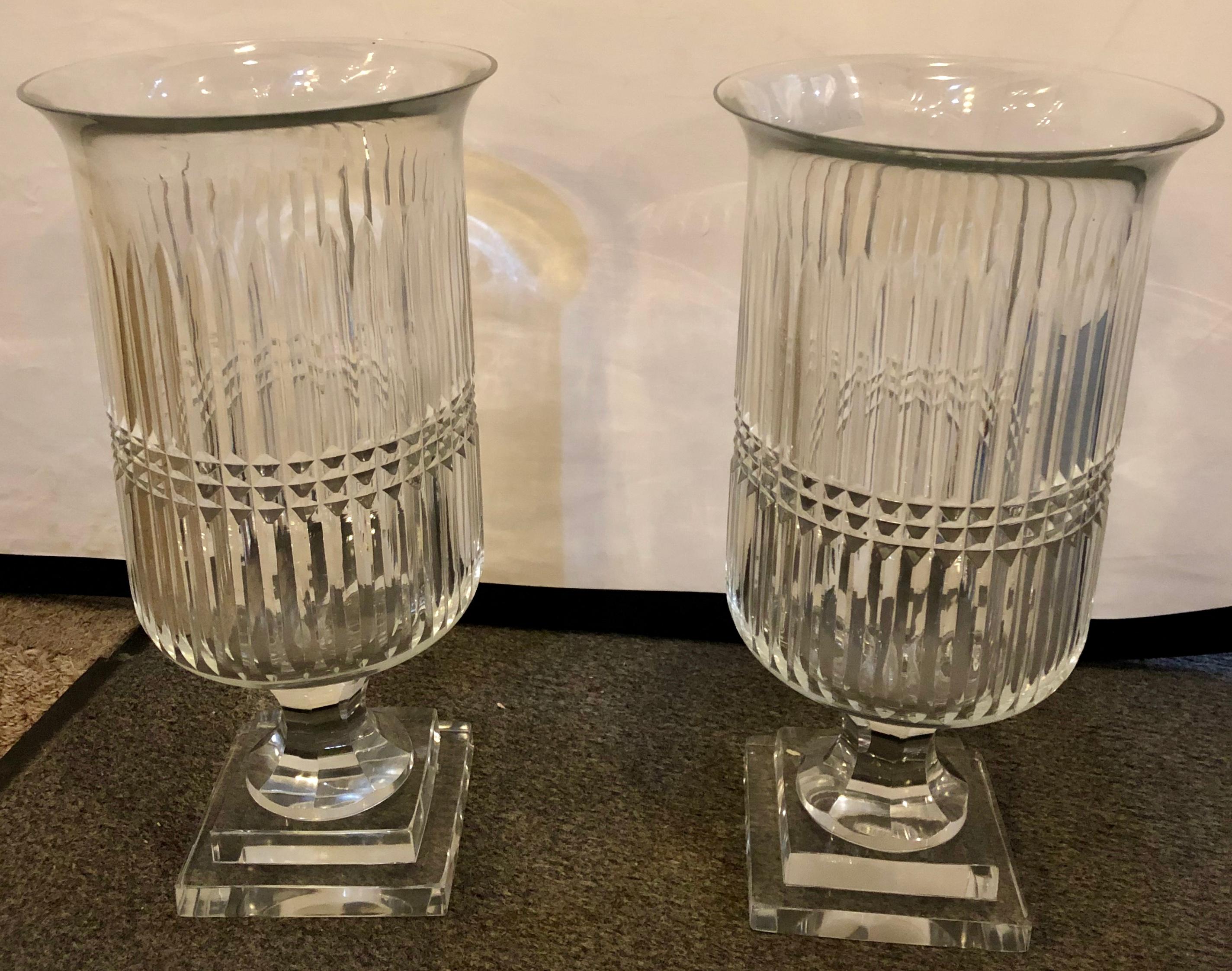 Modern Pair of Linear Crystal Hurricane Jars