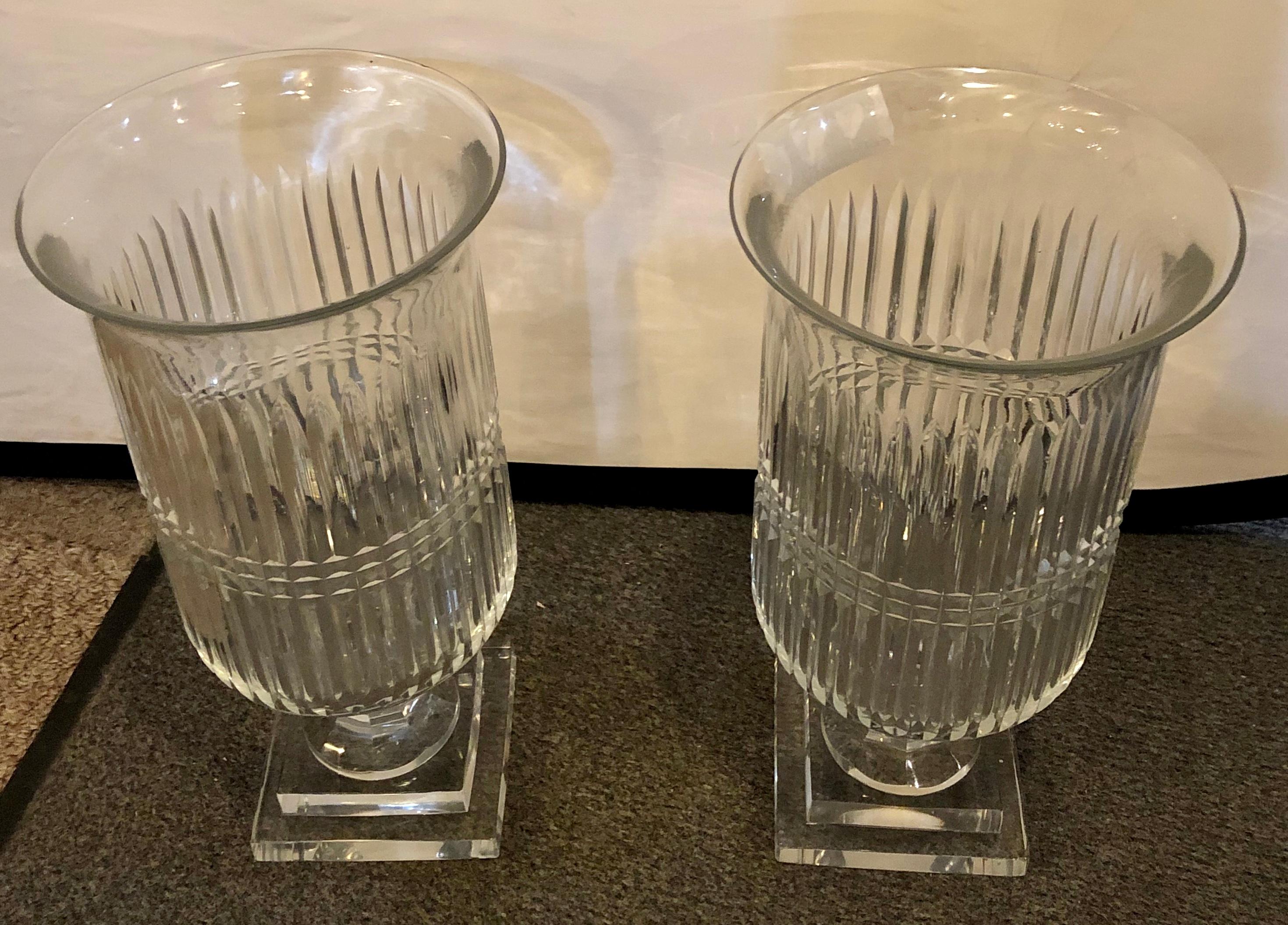 Pair of Linear Crystal Hurricane Jars In Good Condition In Stamford, CT