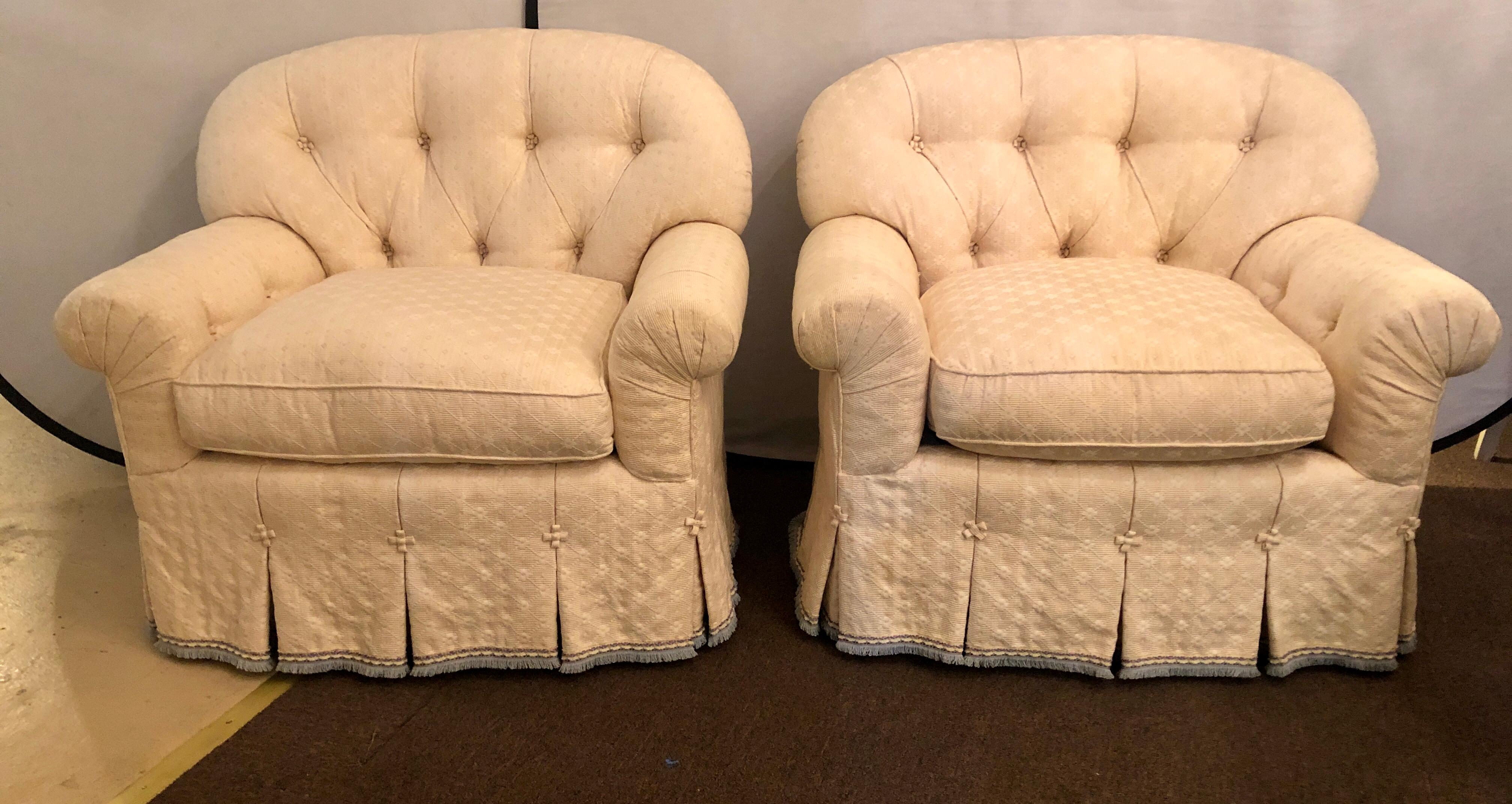 Hollywood Regency Pair of Lined and Pleated Spectacular Overstuffed Boudoir or Lounge Chairs