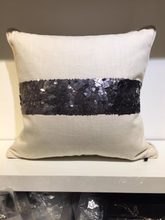 Pair of Linen Cushions Hand Embroidered with Dark Silver Metal Sequins