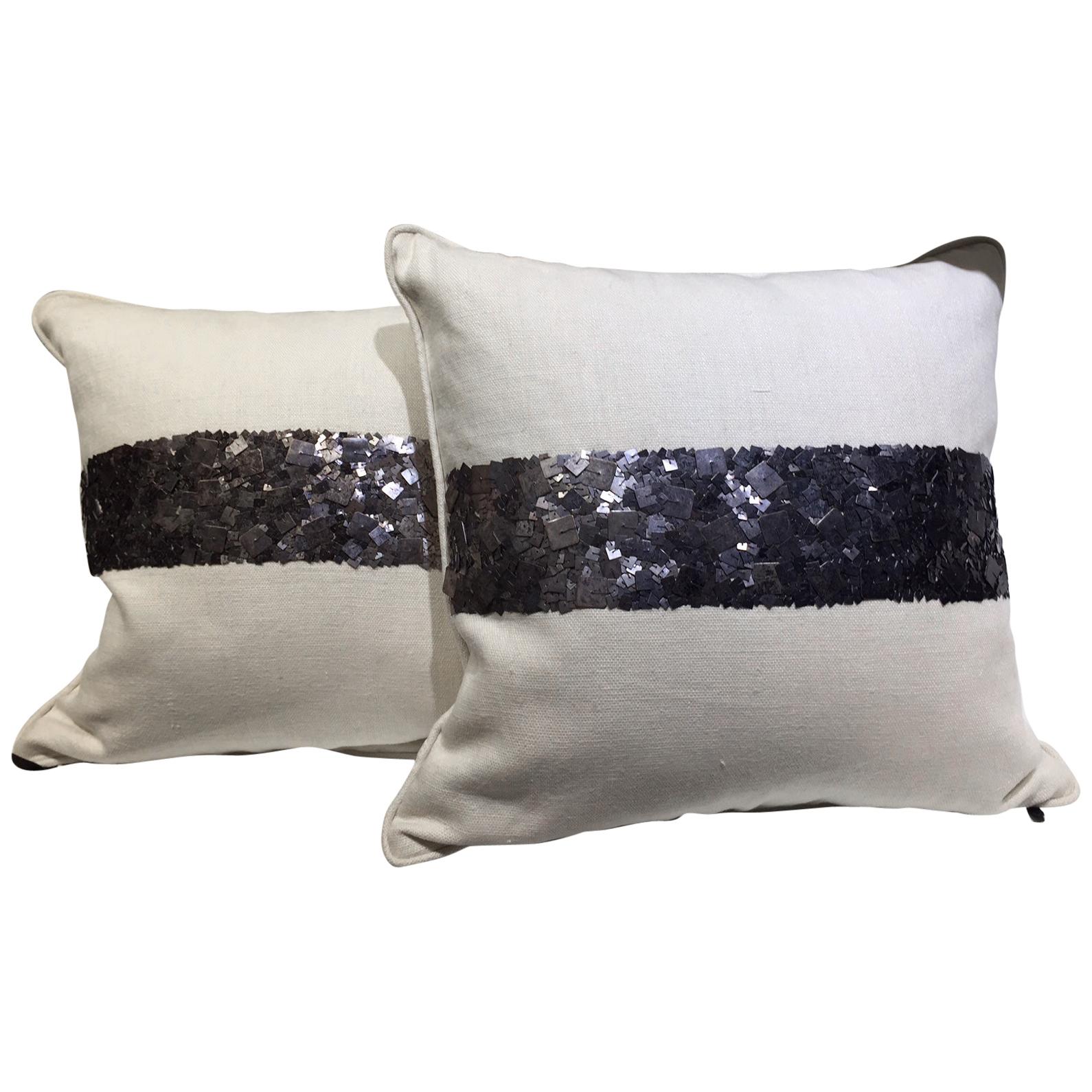 Pair of Linen Cushions Hand Embroidered with Dark Silver Metal Sequins For Sale
