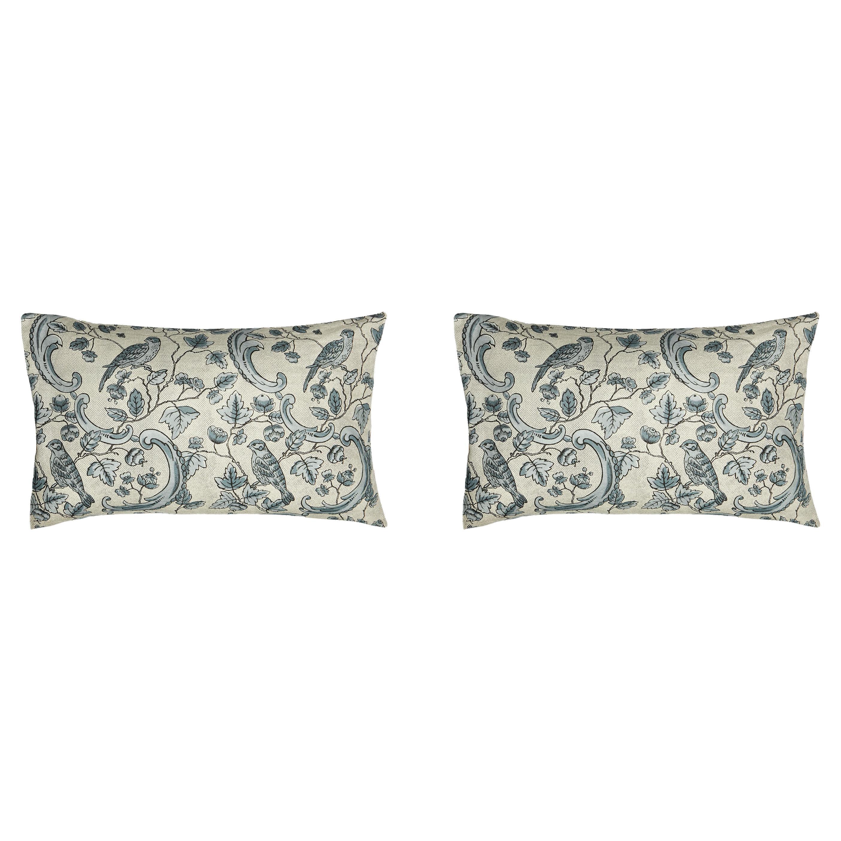 Pair of Linen Pillow Cushions - Oiseaux and Feuilla - Designed and Made in Paris For Sale