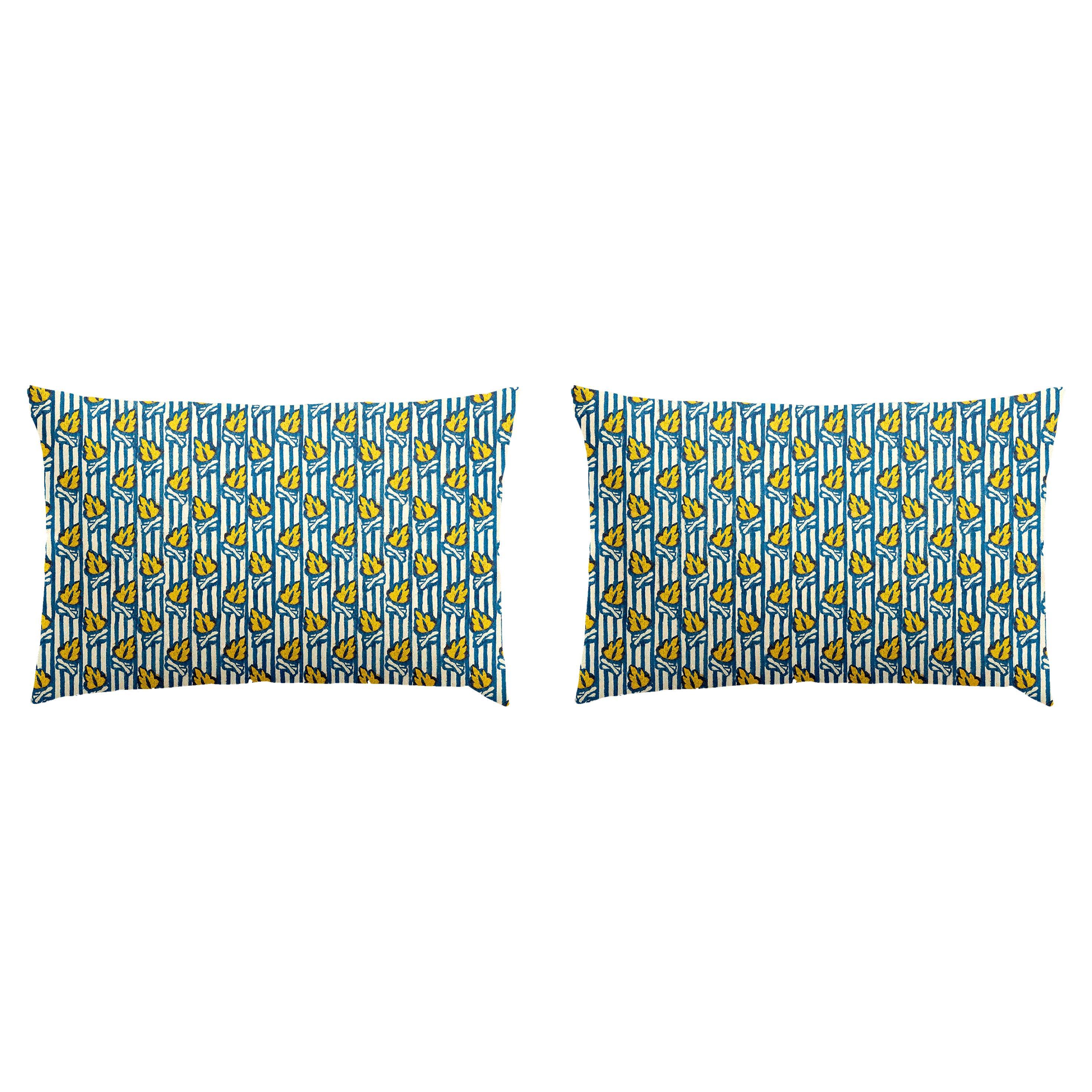 Pair of Linen Pillow Cushions - Tison pattern - Designed and Made in Paris For Sale