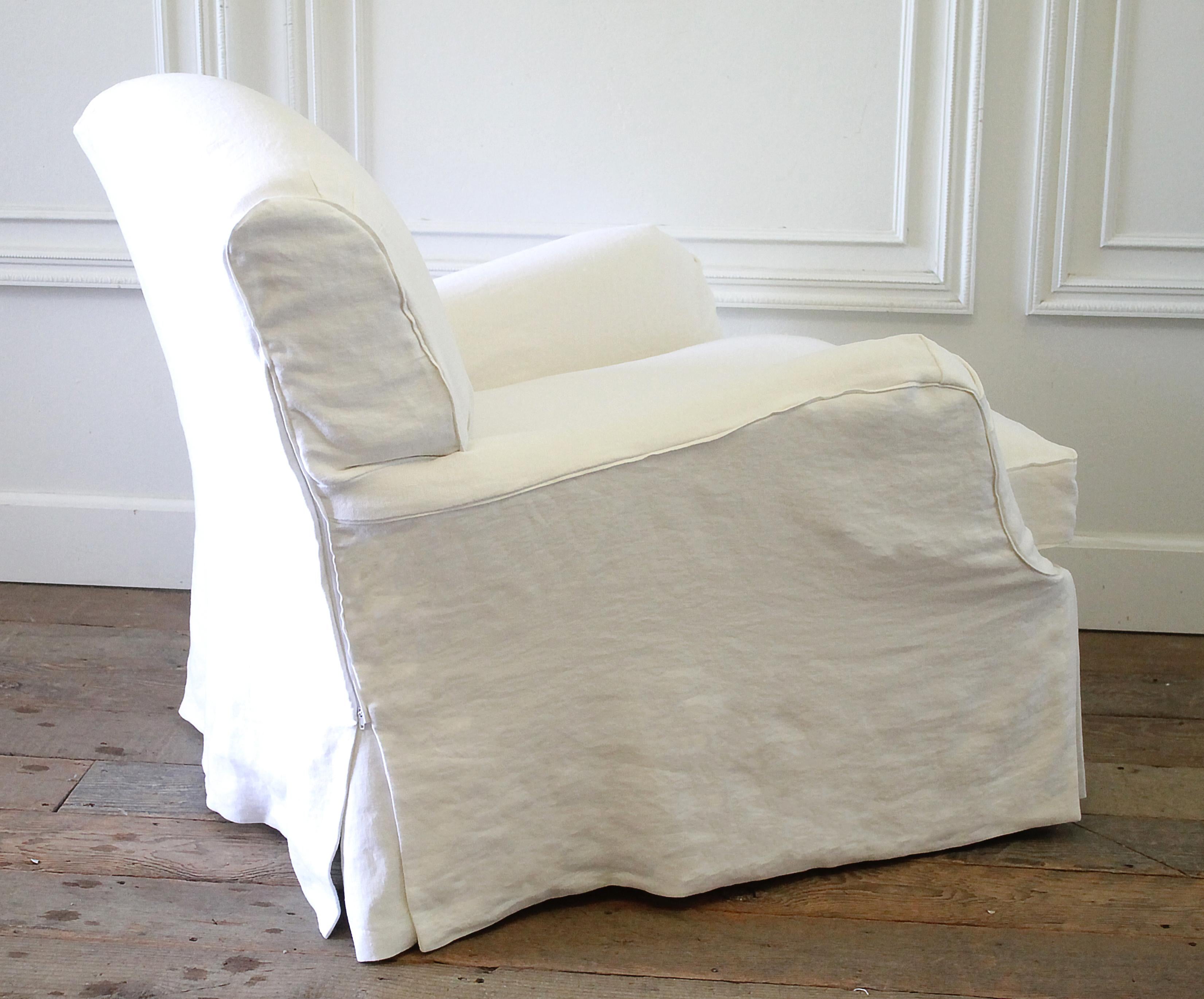 Pair of Linen Slip Covered English Roll Armchairs In Good Condition In Old Town Orange, CA