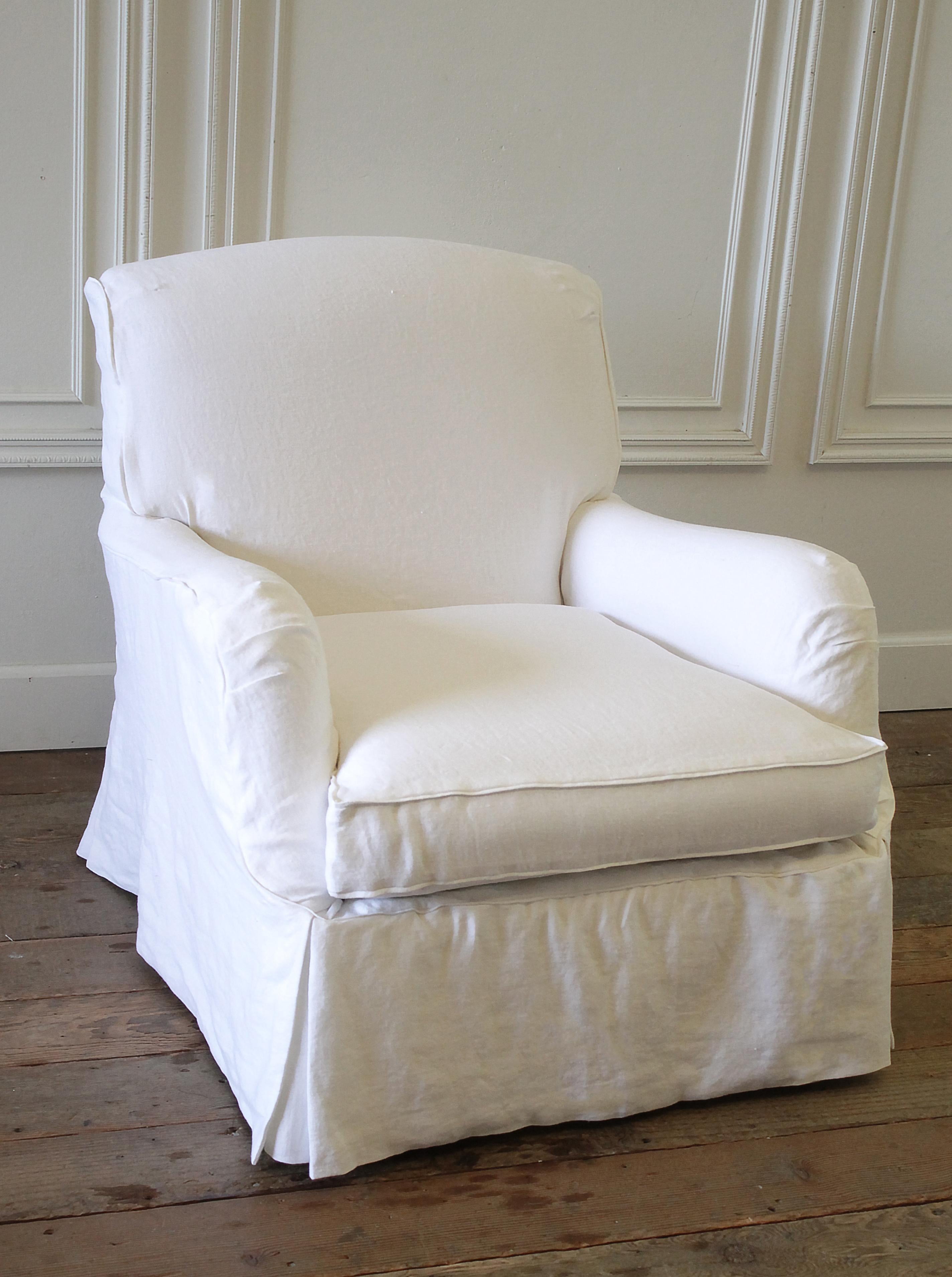 Contemporary Pair of Linen Slip Covered English Roll Armchairs