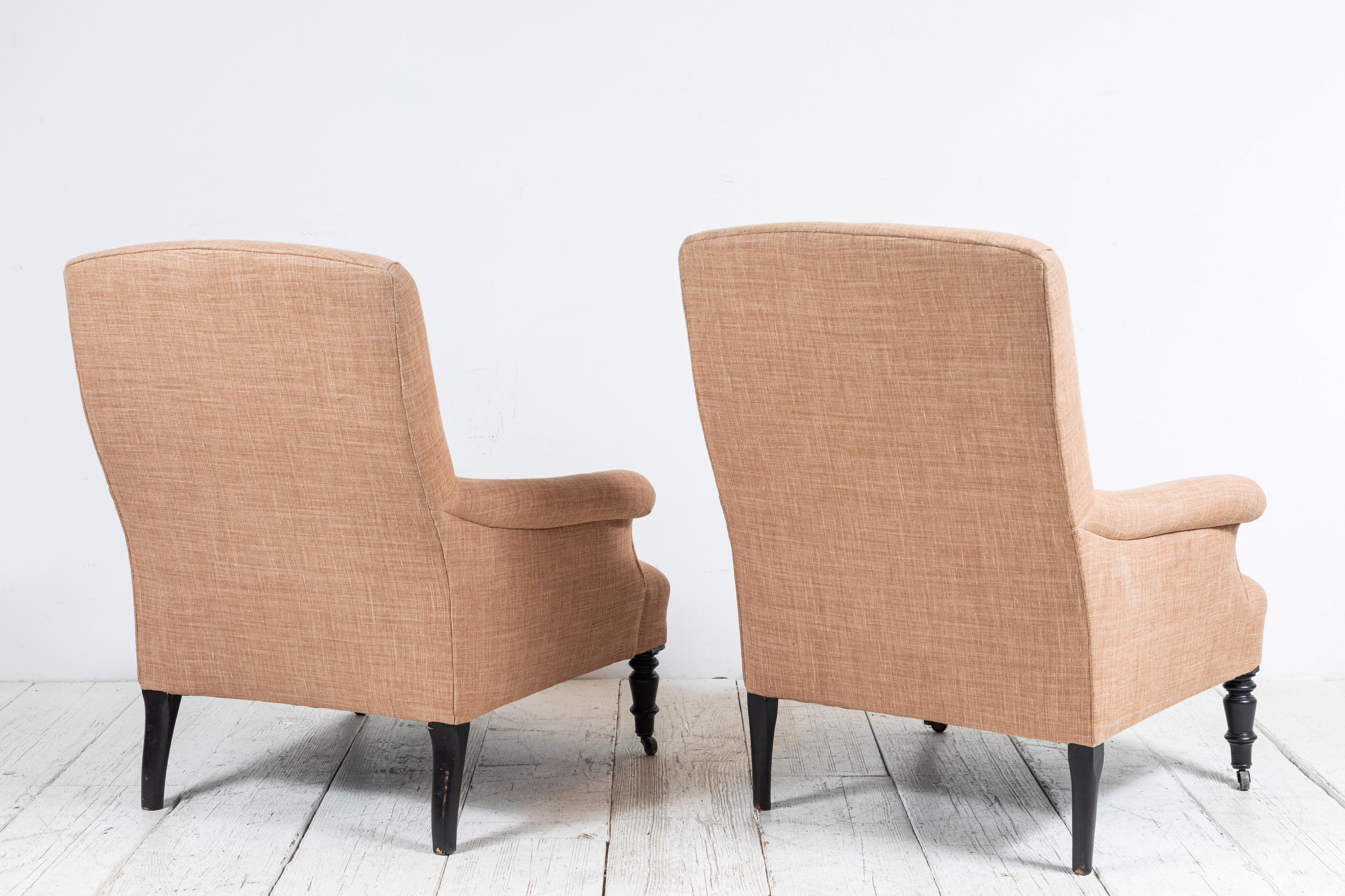 20th Century Pair of Linen Upholstered Club Chairs 