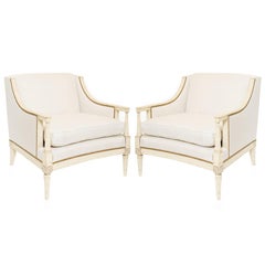 Vintage Pair of Linen Upholstered Louis XVI Bergère Club Chairs