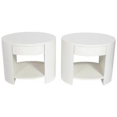 Pair of Linen Wrapped Oval Nightstands or End Tables in White Dove