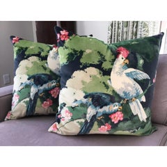 Pair of Linwood "Jungle Jive" Velvet in Navy Blue Down-Filled Complete Pillows