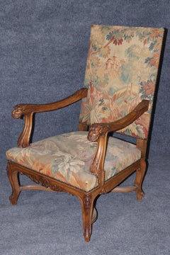 Pair of Lion Face Carved Walnut Throne Armchairs with Needlepoint Upholstery