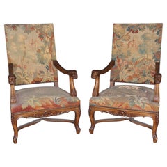 Pair of Lion Face Carved Walnut Throne Armchairs with Needlepoint Upholstery