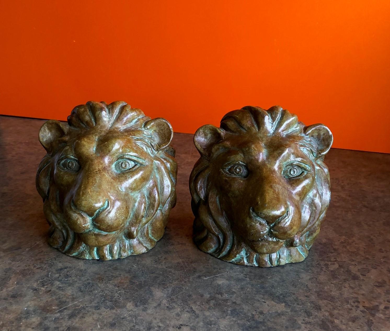 Mid-Century Modern Pair of Lion Head Bookends in Bronze