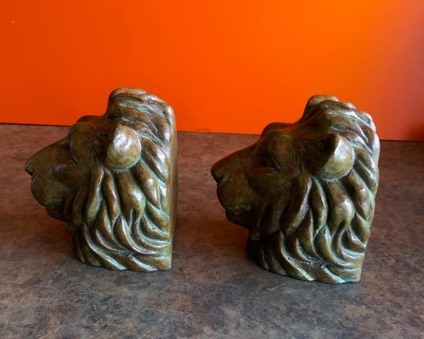 Pair of Lion Head Bookends in Bronze In Good Condition In San Diego, CA