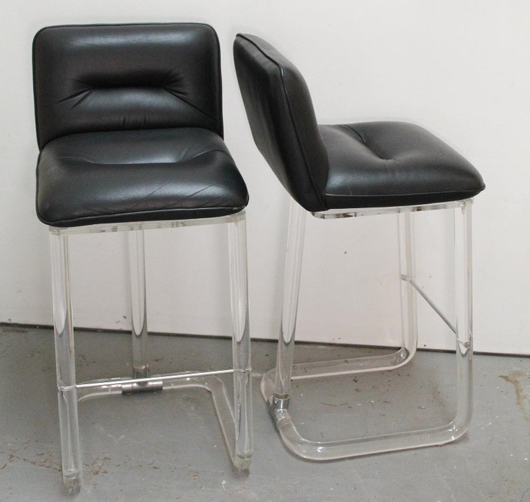 Modern Pair of Lion in Frost Black Leather Swivel Bar Stools For Sale