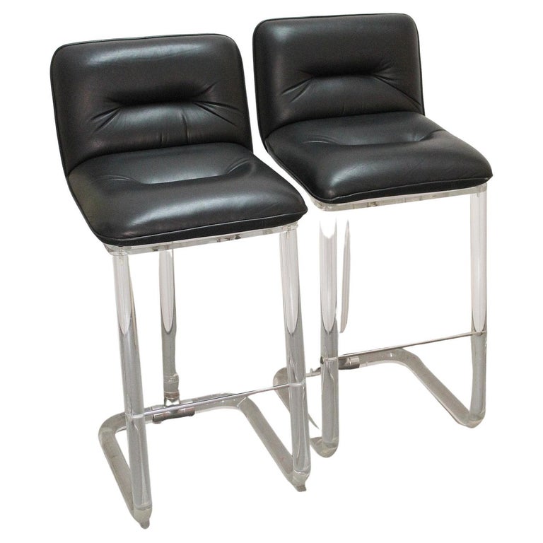 Pair of Lion in Frost Black Leather Swivel Bar Stools For Sale