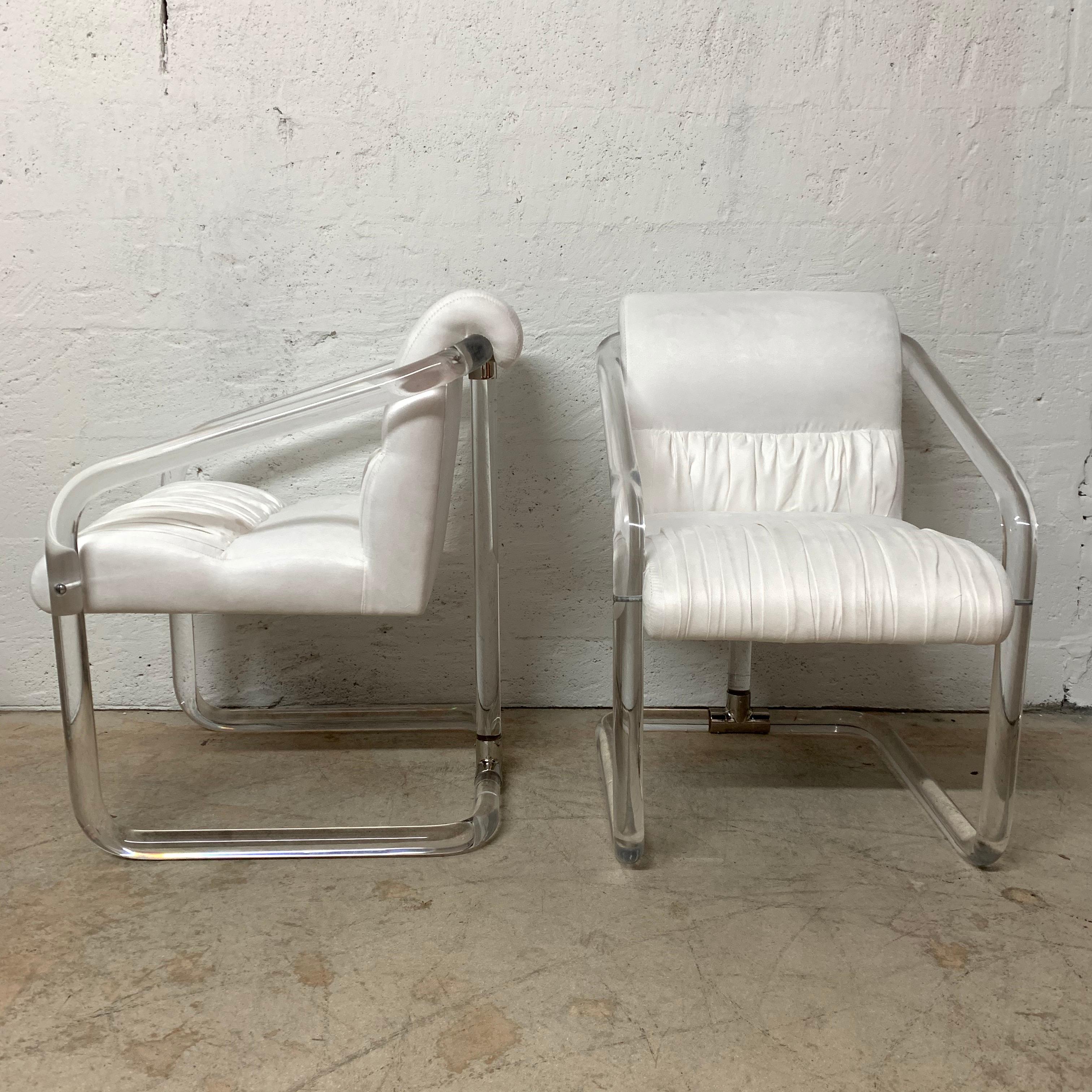 Mid-Century Modern Pair of Lion in Frost Lucite Nickel and Ultra Suede Armchairs, Signed, USA 1970s For Sale