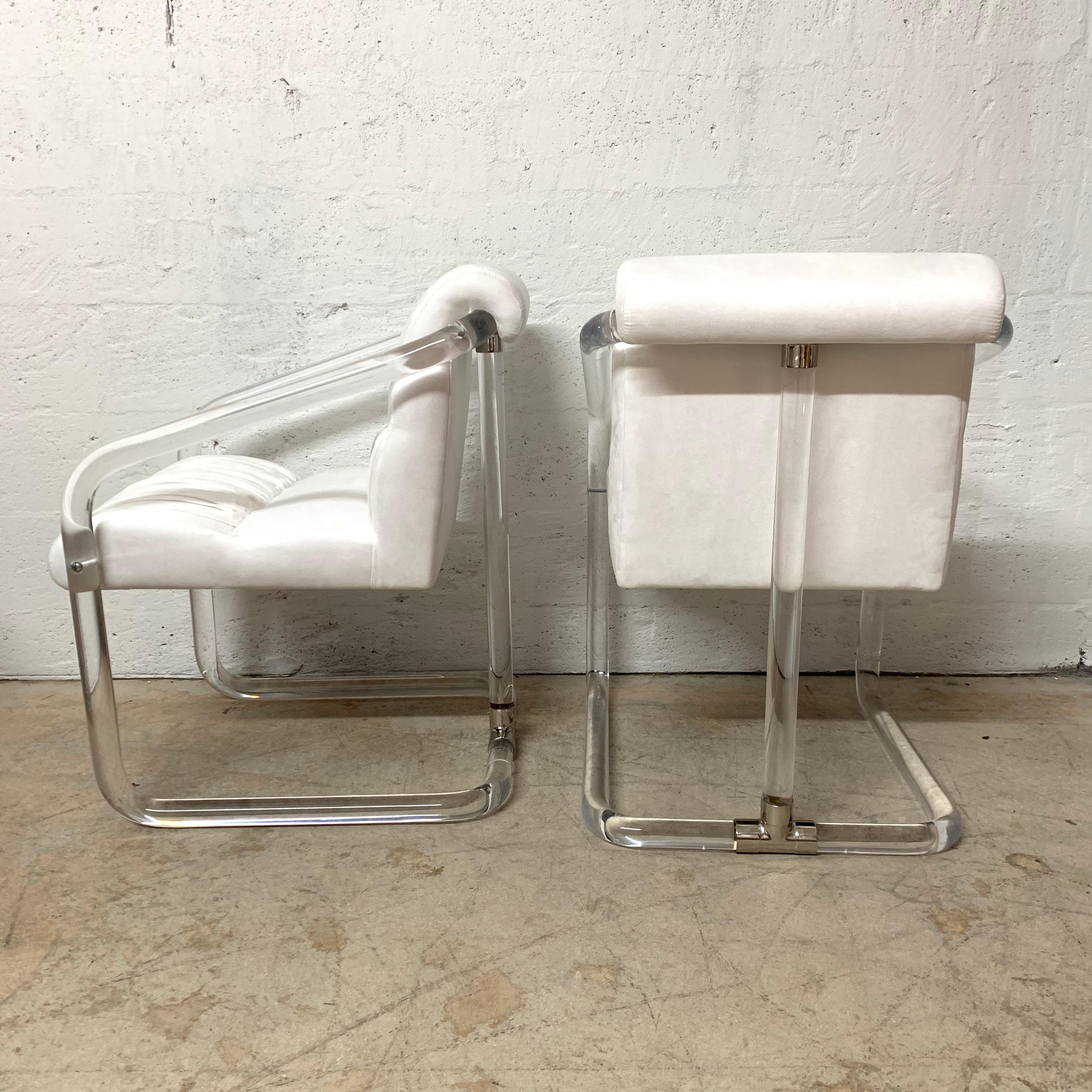 American Pair of Lion in Frost Lucite Nickel and Ultra Suede Armchairs, Signed, USA 1970s For Sale