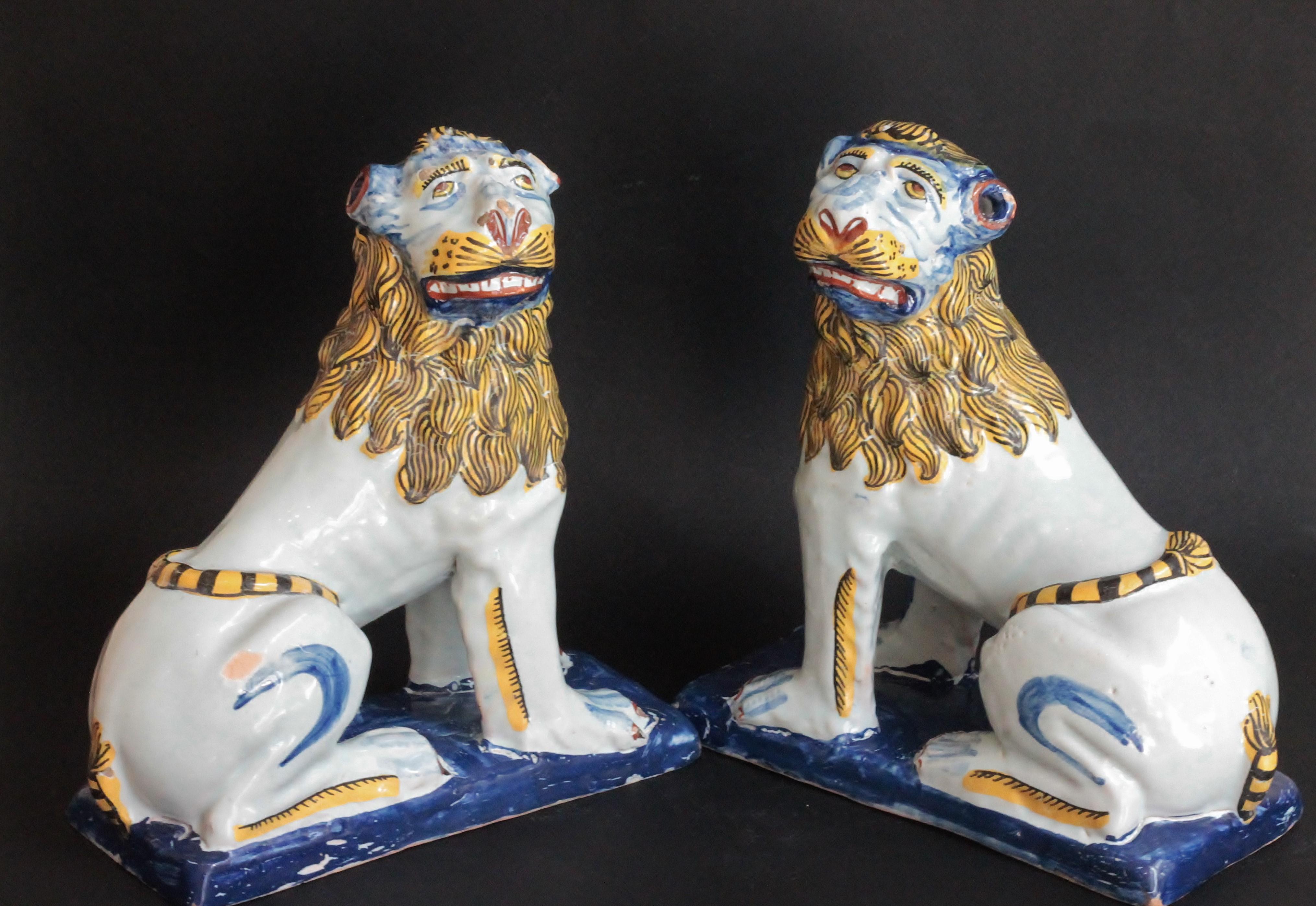 Louis XV Pair of Lions in Faience of Rouen 'France', circa 1760 For Sale