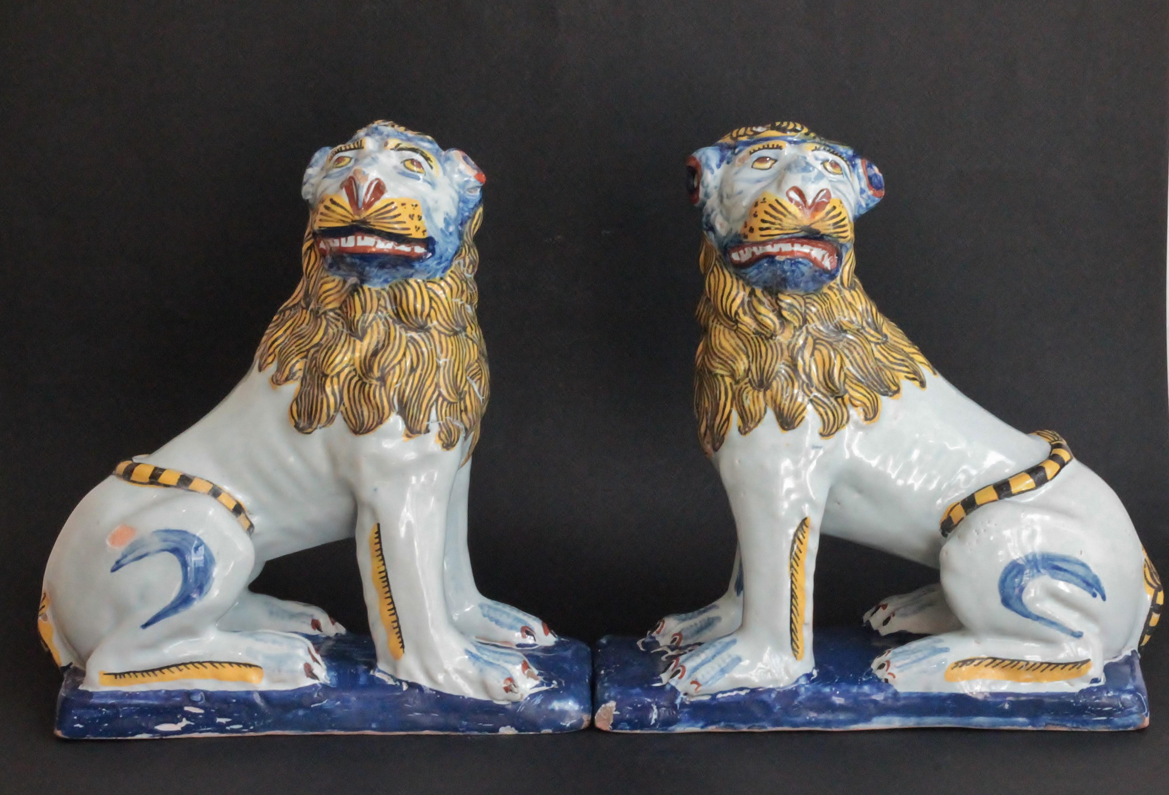French Pair of Lions in Faience of Rouen 'France', circa 1760 For Sale