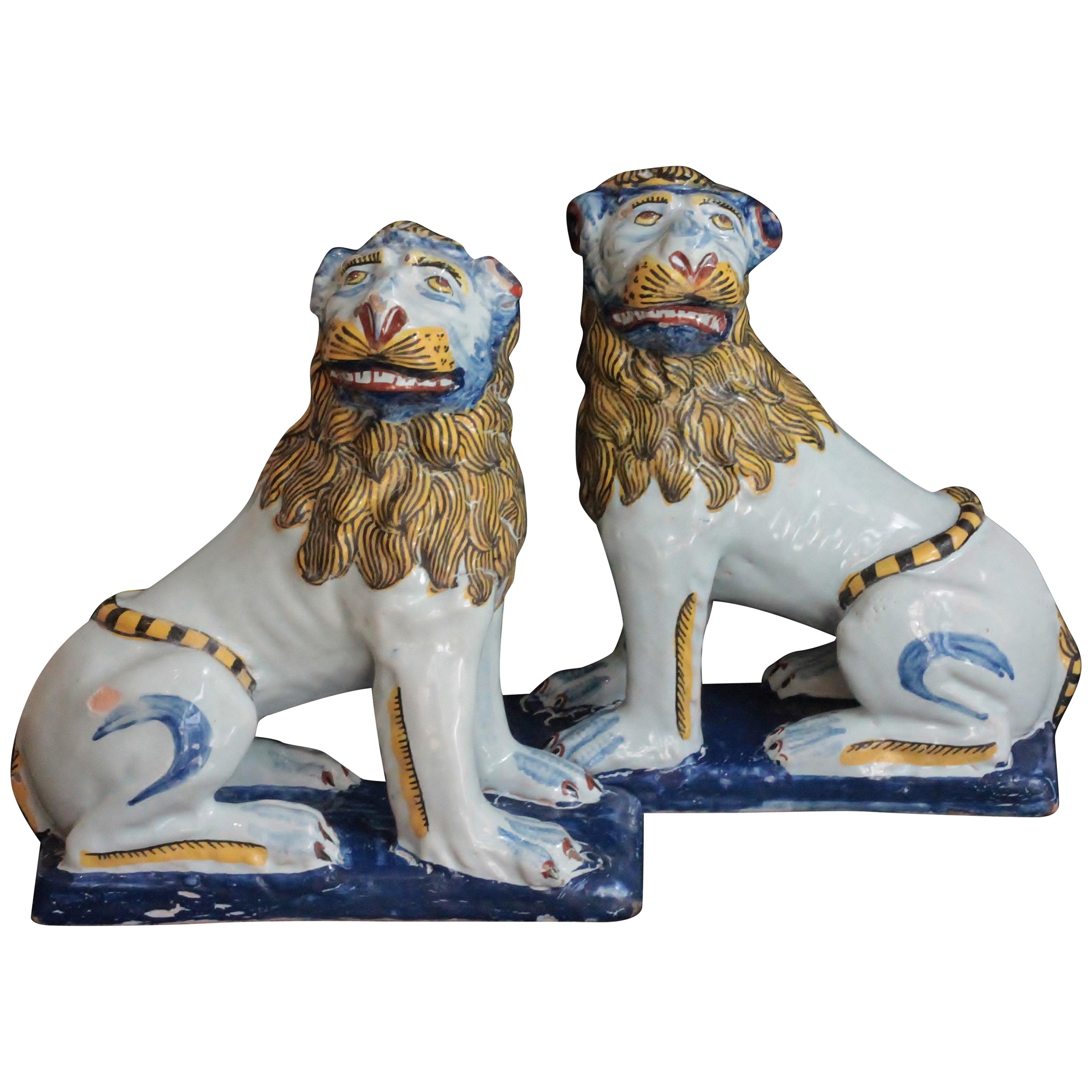 Pair of Lions in Faience of Rouen 'France', circa 1760 For Sale