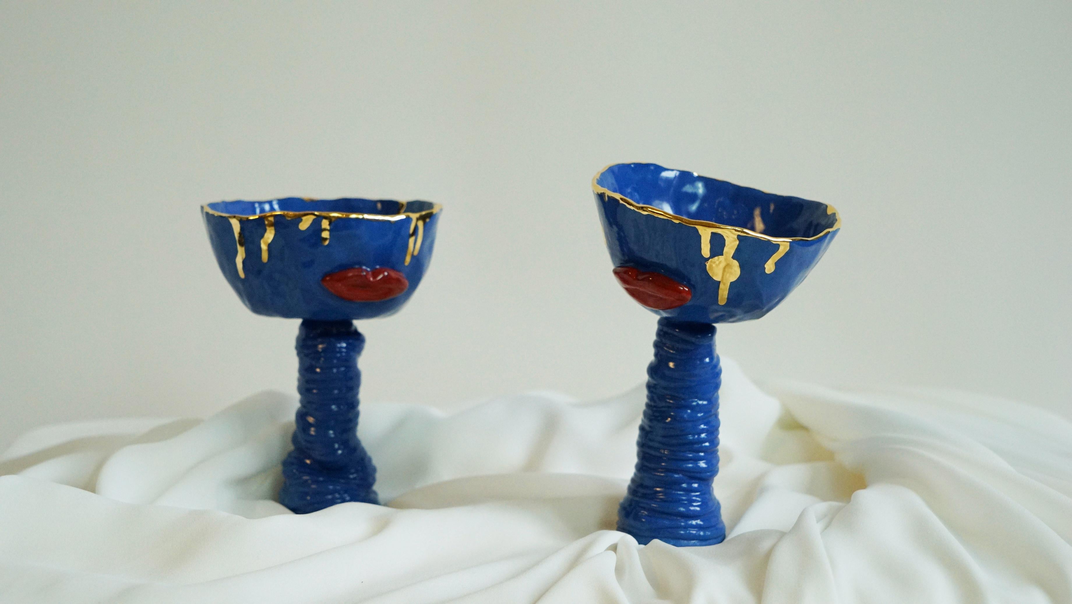 Post-Modern Pair of Lips Cocktail Cups in Blue Porcelain by Hania Jneid For Sale